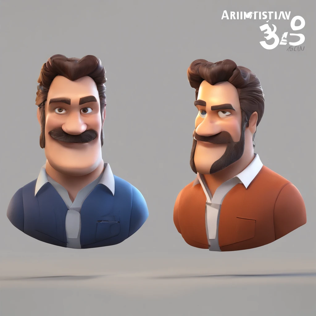 Criar um personagem no estilo Pixar. Trata-se de um homem de 40 anos, com barba, pardo, com cabelos grisalhos curtos e um quiff, e olhos pretos. Ele deve estar na frente de um computador, Trabalhar como auxiliar administrativo