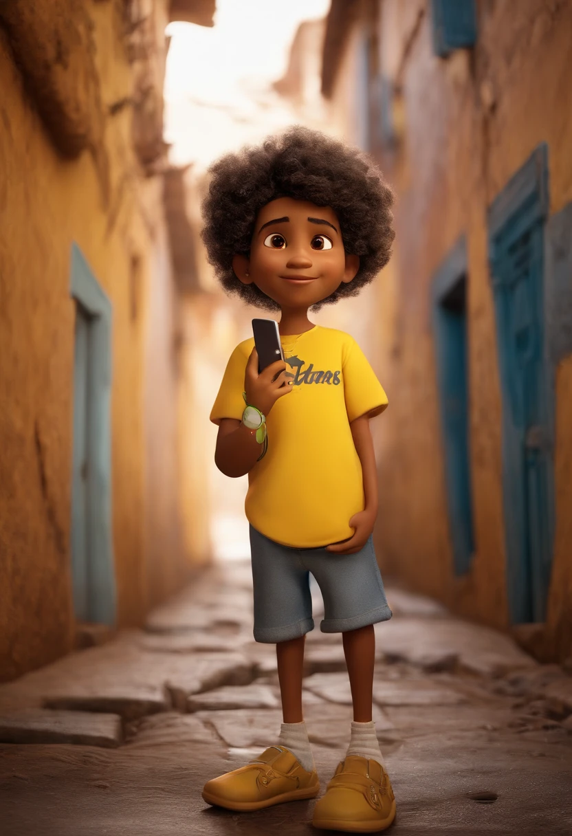 Matheus is a smiling 5-year-old human boy, com seu celular, Standing in the favela landscape