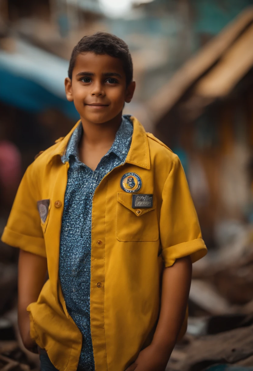 Personagem Pixar, com uma camisa amarela, com a logo com o nome Matheus, gordinho, idade de 12 a 13 anos de idade, com cabelo pequeno cacheado, Standing in a slum, with cell phone in hand