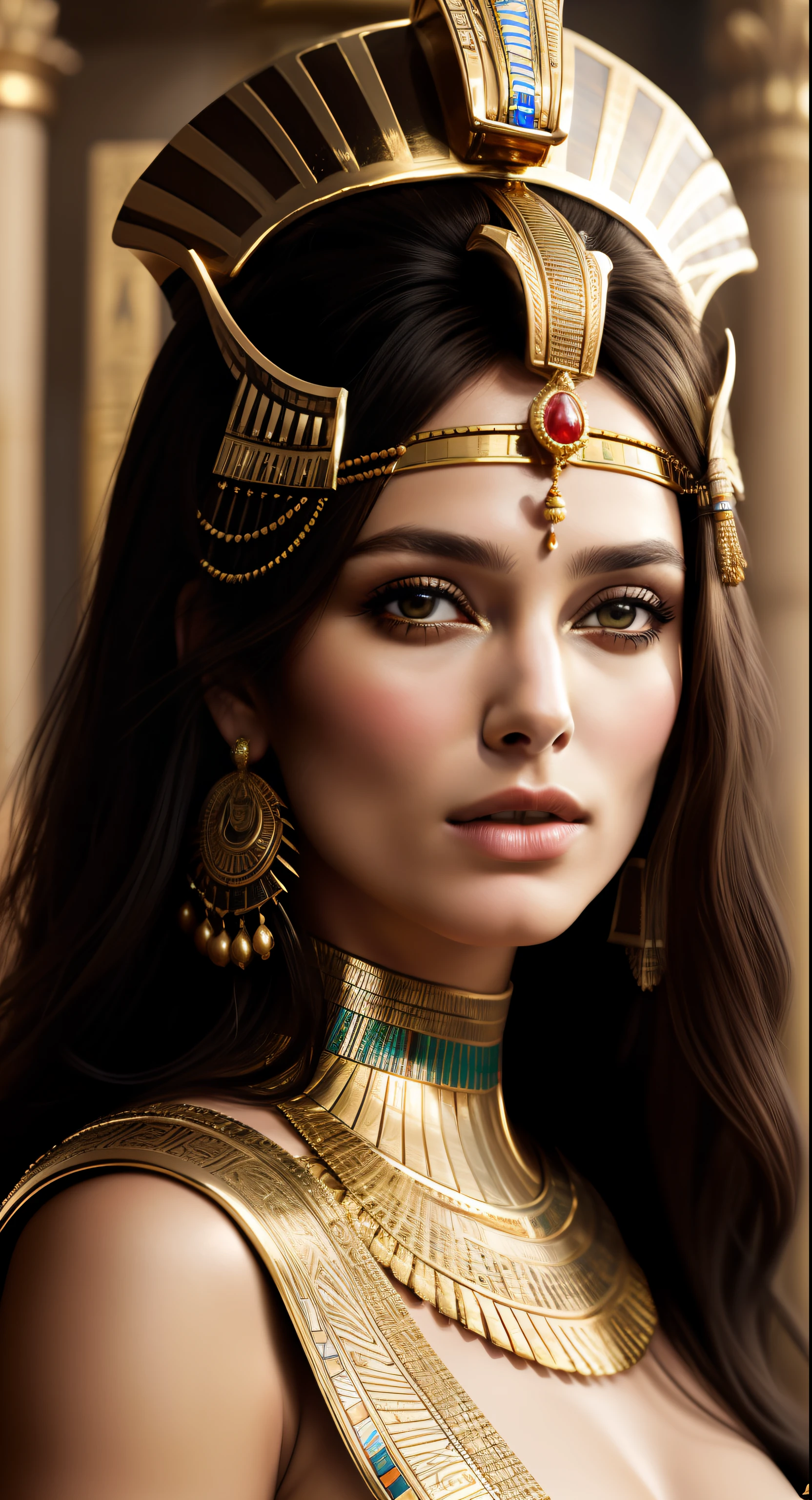 Cinematic portrait, professional cinematography, a close up of a woman in a gold outfit with an egyptian mask, beautiful cleopatra, insane details, egyptian princess, cinematic goddess close shot, cleopatra, extremely beautiful lady, cinematic goddess body shot, cleopatra portrait, goddess, stunning beauty, extremely high detail, egyptian, cleopatra in her palace, cinematic goddess shot, egyptian style, extremely detailed goddess shot, beautiful goddess, Keira Knightley as egyptian, Keira Knightley gorgeous and beautiful pharaoh, portrait of cleopatra, uhd, 8k, 32k, sharp, intricate, highly detailed, detailed Beauty,hdr, cinematic vision, flawless picture,