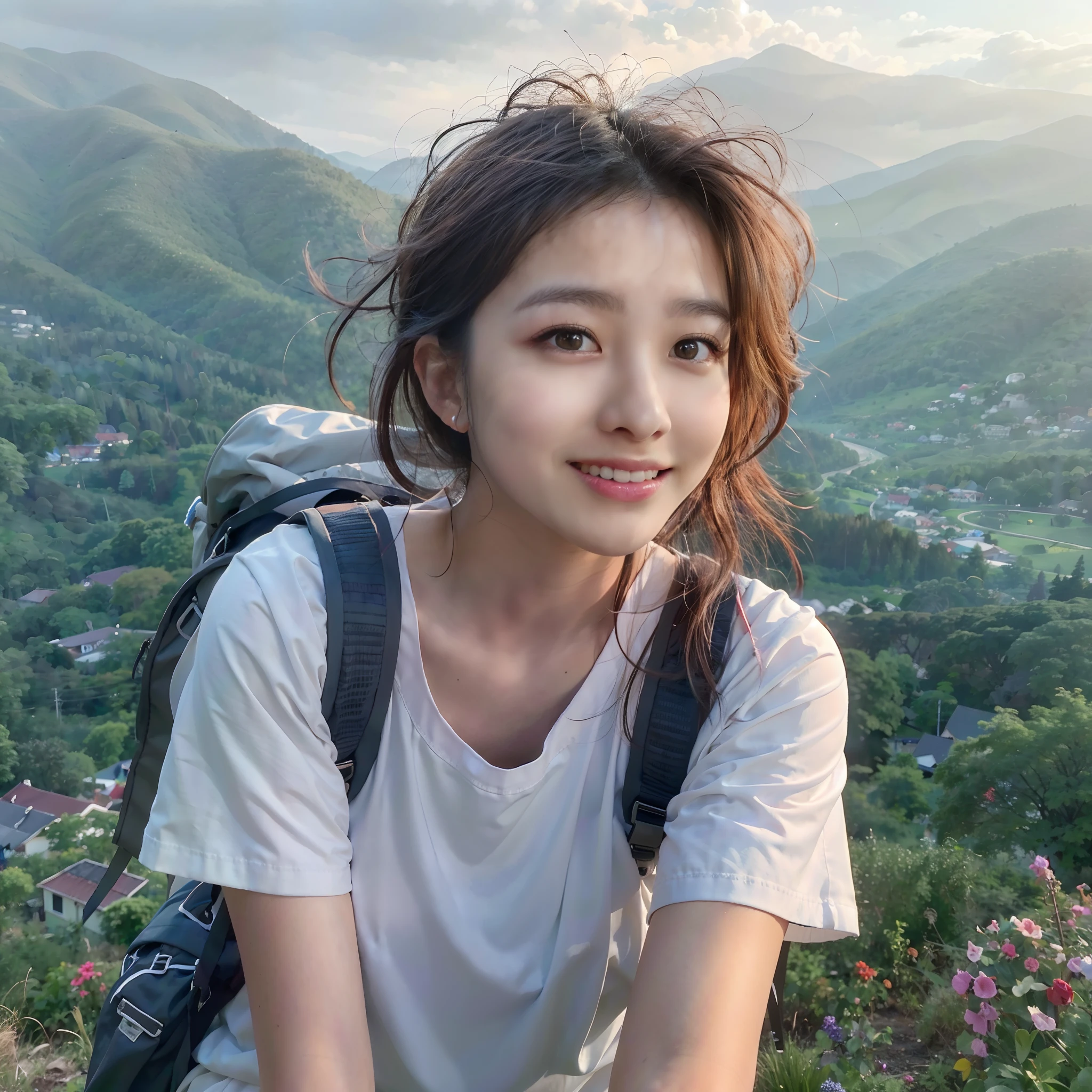 (Best Quality, hyper realistic photography), Magnificent mountain, sea of clouds, Woman watching sunset, selfee, ((Upper body)), white t-shirts, Trekking Shorts, trekking boots, rucksack, (ultra-delicate face, Super Beautiful Maid, Super delicate eyes, Ultra-detailed nose, Ultra detailed mouth, Ultra-detailed facial features), Beautie, 18year old, Smiling happily、Colossal tits