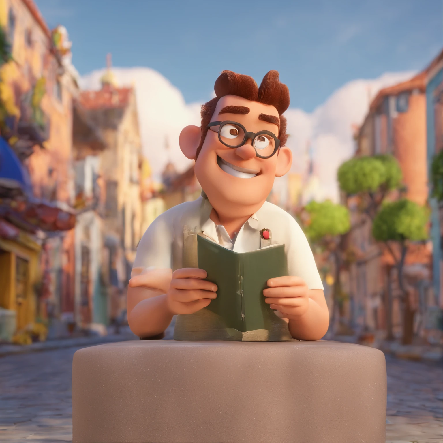 Um homem Pixar de 40 anos, cabelos curtos e grisalhos, olhos preto e de cavanhaque pequeno.