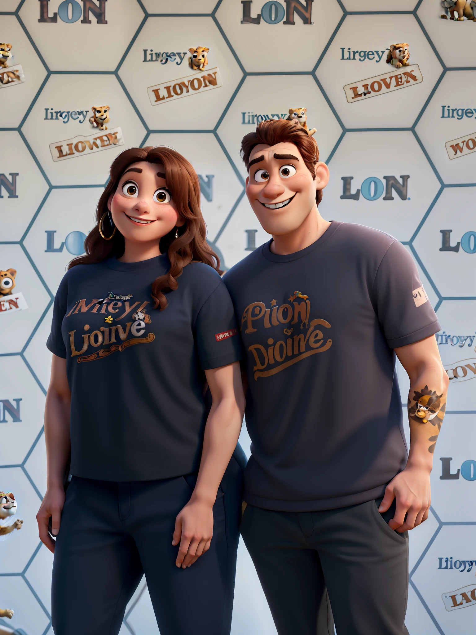 disney pixar character, brown-eyed woman with female body smiling, light-eyed man smiling with lion tattoo on arm