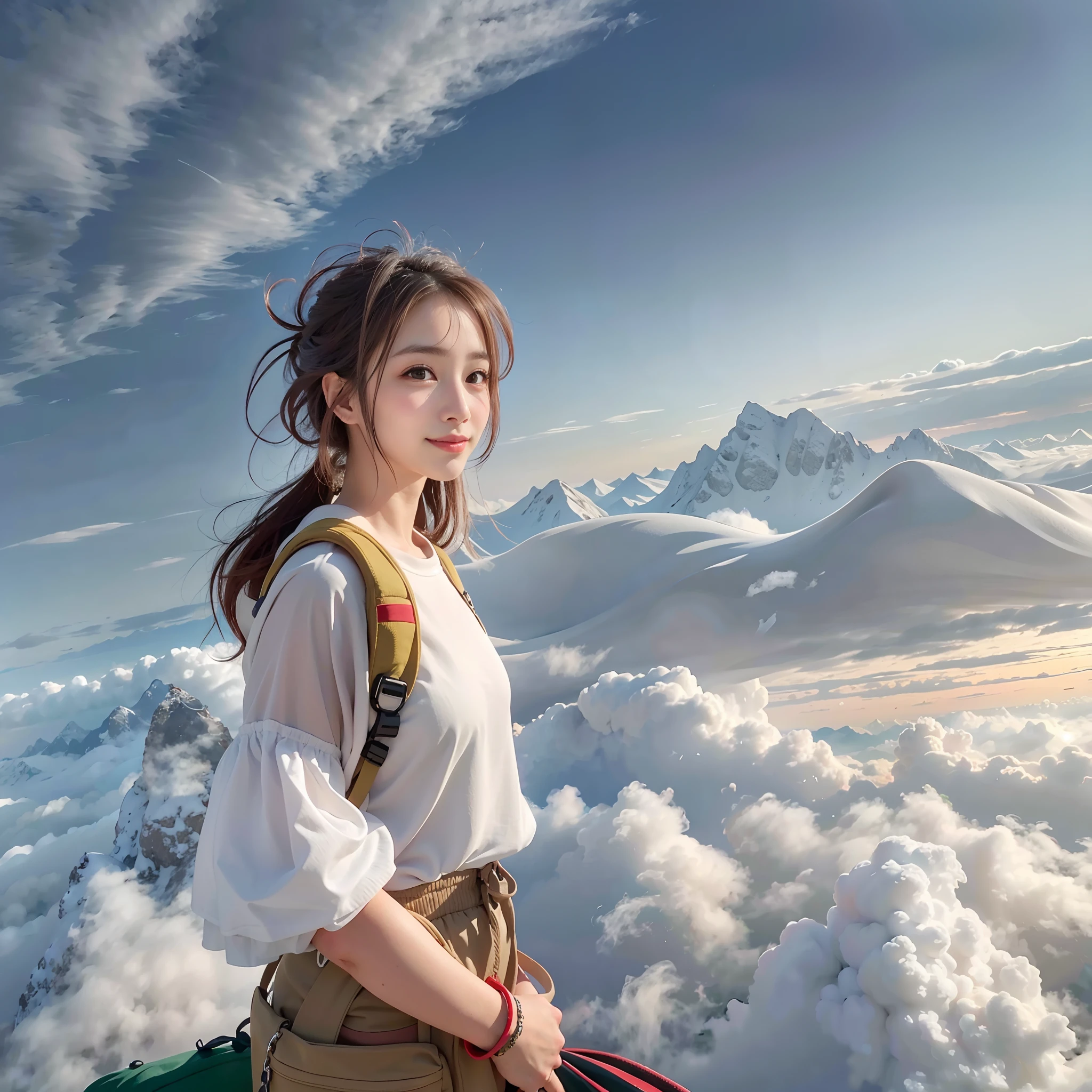 (Best Quality, hyper realistic photography), Magnificent mountain, sea of clouds, Woman watching sunset, selfee, ((Upper body)), white t-shirts, Trekking Shorts, trekking boots, rucksack, (ultra-delicate face, Super Beautiful Maid, Super delicate eyes, Ultra-detailed nose, Ultra detailed mouth, Ultra-detailed facial features), Beautie, 18year old, Smiling happily