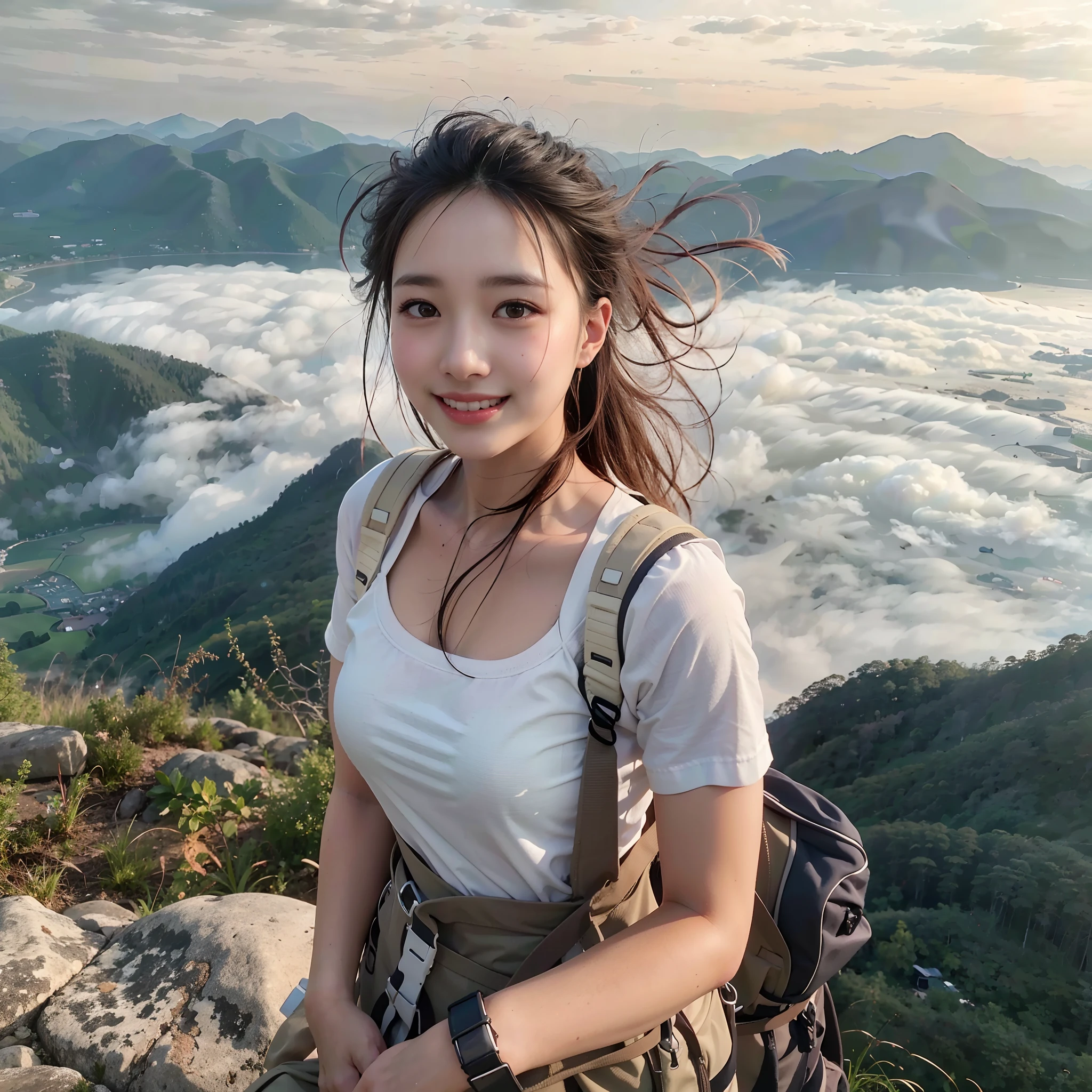 (Best Quality, hyper realistic photography), Magnificent mountain, sea of clouds, Woman watching sunset, selfee, ((Upper body)), white t-shirts, Trekking Shorts, trekking boots, rucksack,  (ultra-delicate face, Super Beautiful Maid, Super delicate eyes, Ultra-detailed nose, Ultra detailed mouth, Ultra-detailed facial features), Beautie, 18year old, Smiling happily