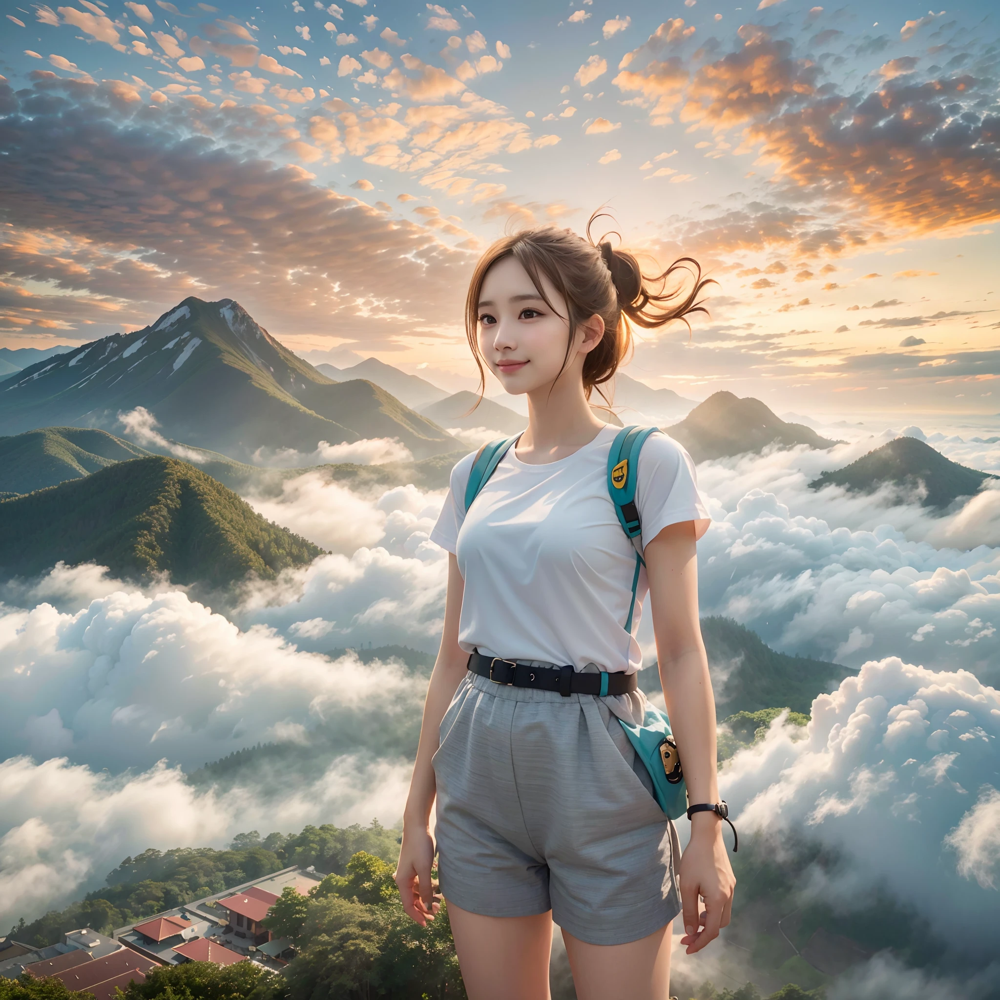 (Best Quality, hyper realistic photography), Magnificent mountain, sea of clouds, Woman watching sunset, selfee, ((Upper body)), white t-shirts, Trekking Shorts, trekking boots, rucksack, (ultra-delicate face, Super Beautiful Maid, Super delicate eyes, Ultra-detailed nose, Ultra detailed mouth, Ultra-detailed facial features), Beautie, 18year old, Smiling happily