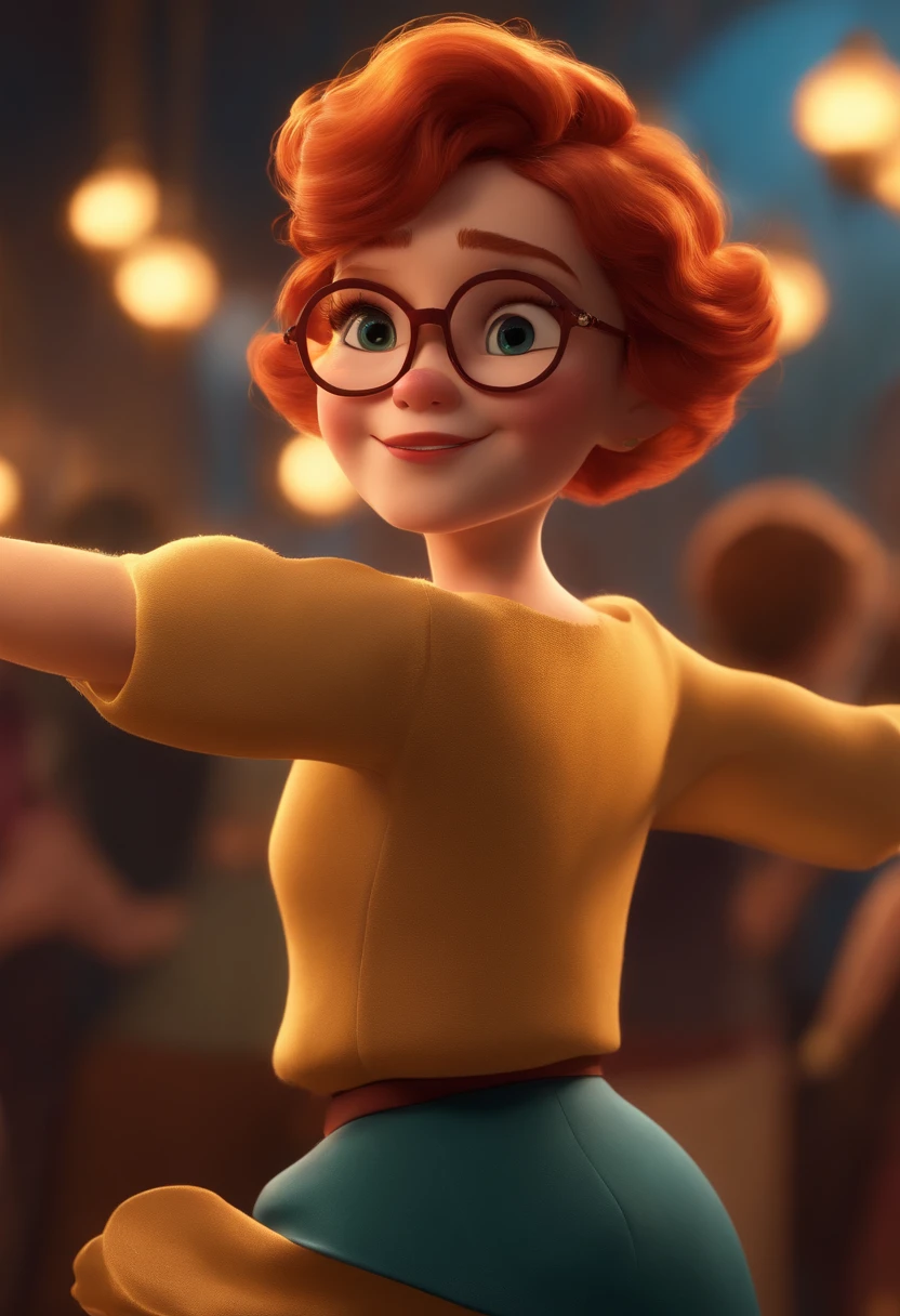 Pixar style image with 3D character golden glasses, mulher branca, Short red hair dancing,Maquiagem Disney,Pescador, adolable, sorridente ,Close-up, Pixar, Disney, Cinema lighting,