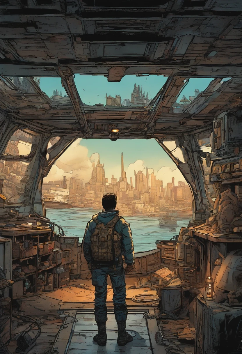 Comics, Estilo Skottie young, apocalyptic scenery, Cities destroyed, Character Inside a Ship View From Inside the Ship Out 4K