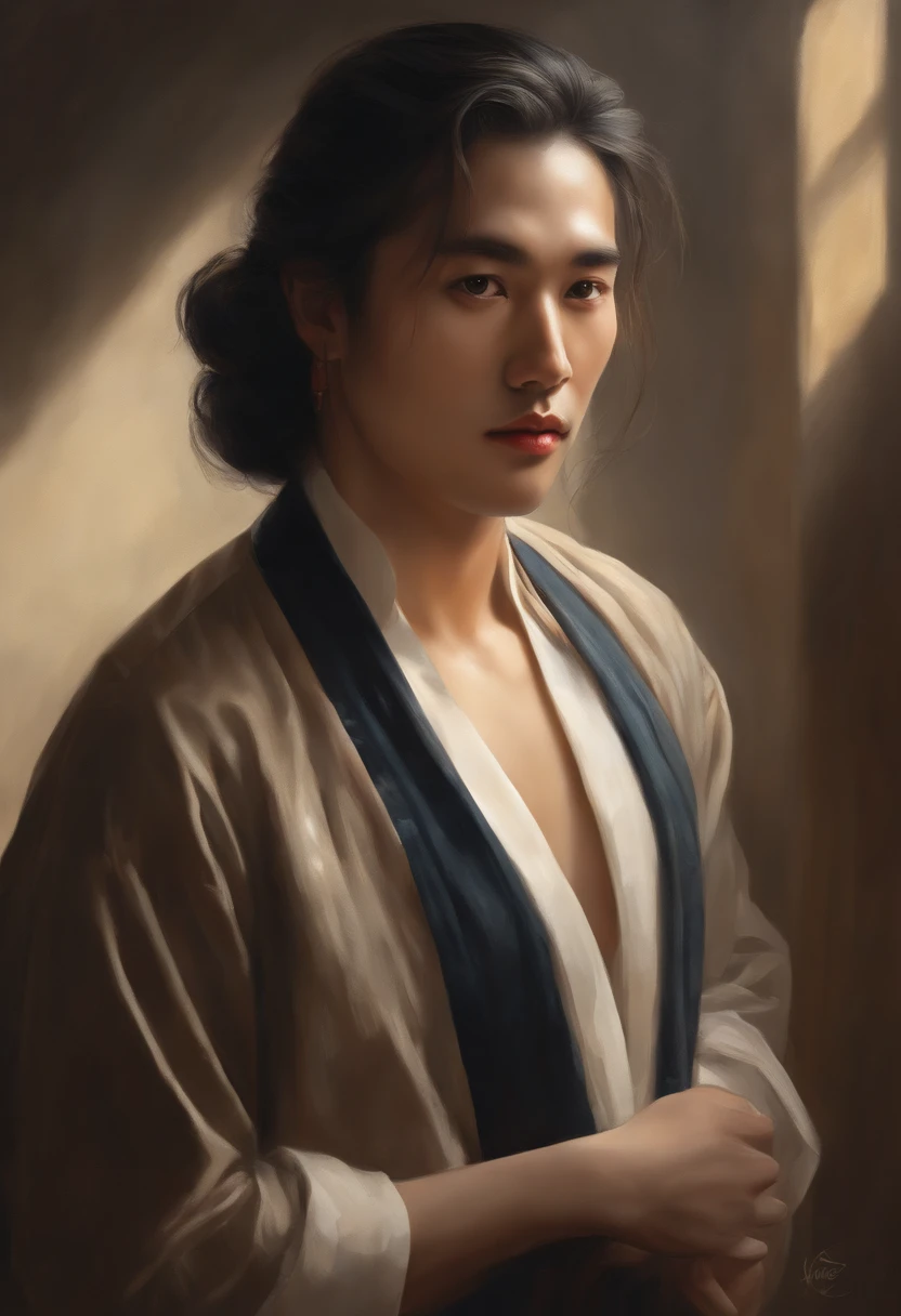 A high-quality portrait image painted by Zky Zhong Kunyi, capturing the essence of male beauty with a focus on extremely detailed and expressive facial features. The subject of the painting will have long hair cascading down the shoulders, adding a touch of elegance and allure. The artist will skillfully incorporate volumetric lighting to create a sense of depth and atmosphere, emphasizing the subject's facial structure and creating a stunning visual effect. The overall artwork will be of the best quality, ensuring every detail is meticulously rendered. The painting will showcase ultra-detailed brushwork, capturing the intricacies of the subject's face, hair, and expression with remarkable precision. The colors will be vivid and vibrant, creating a visually captivating piece. The use of realistic lighting techniques will further enhance the three-dimensionality of the portrait, highlighting the subject's features and creating a sense of depth. The composition and perspective will be carefully crafted to showcase the subject's beauty and evoke a sense of immersion. This masterpiece will be a testament to the artist's talent and expertise, resulting in a visually stunning and emotionally captivating portrait.