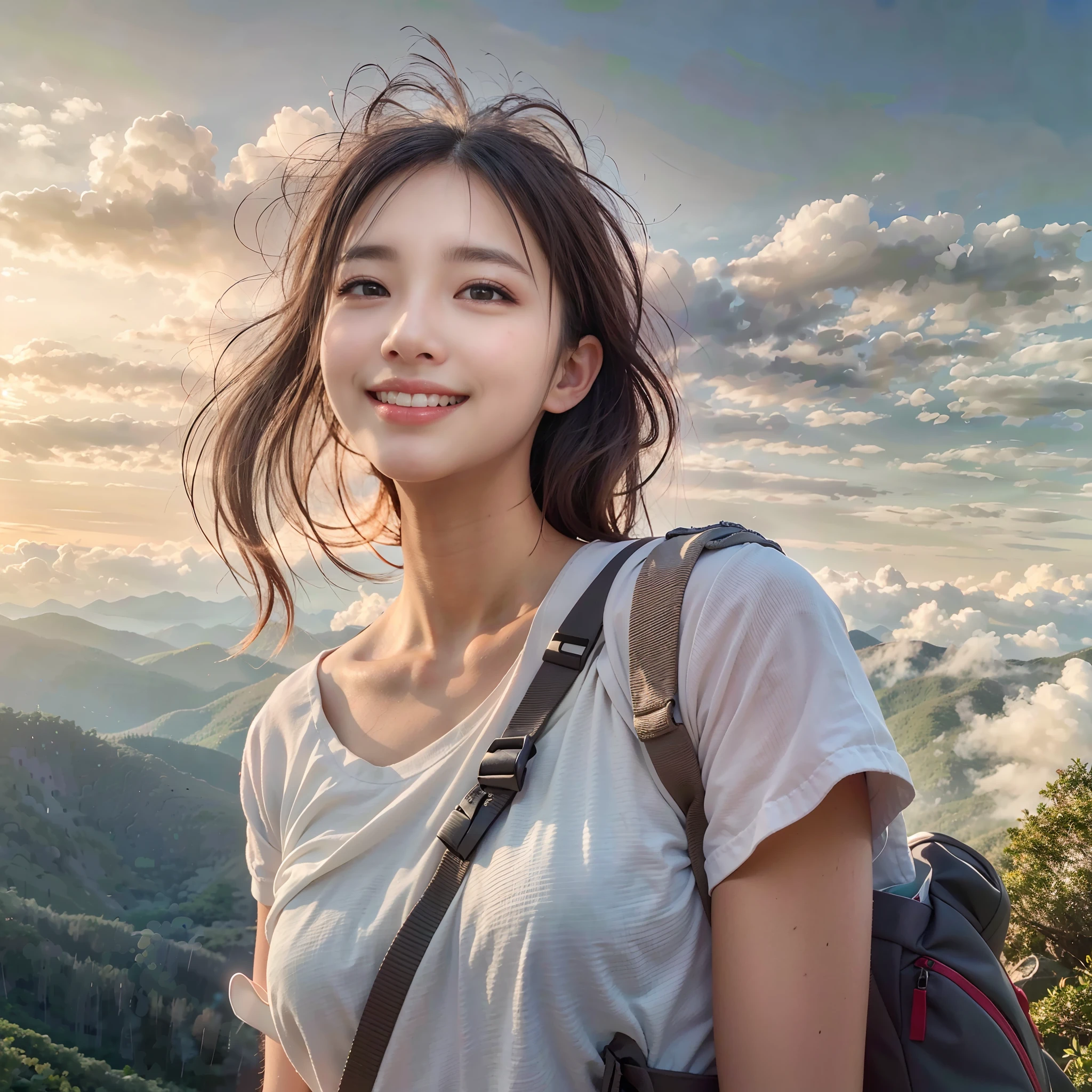 (Best Quality, hyper realistic photography), Magnificent mountain, sea of clouds, Woman watching sunset, selfee, ((Upper body)), white t-shirts, Trekking Shorts, trekking boots, rucksack, (ultra-delicate face, Super Beautiful Maid, Super delicate eyes, Ultra-detailed nose, Ultra detailed mouth, Ultra-detailed facial features), Beautie, 18year old, Smiling happily