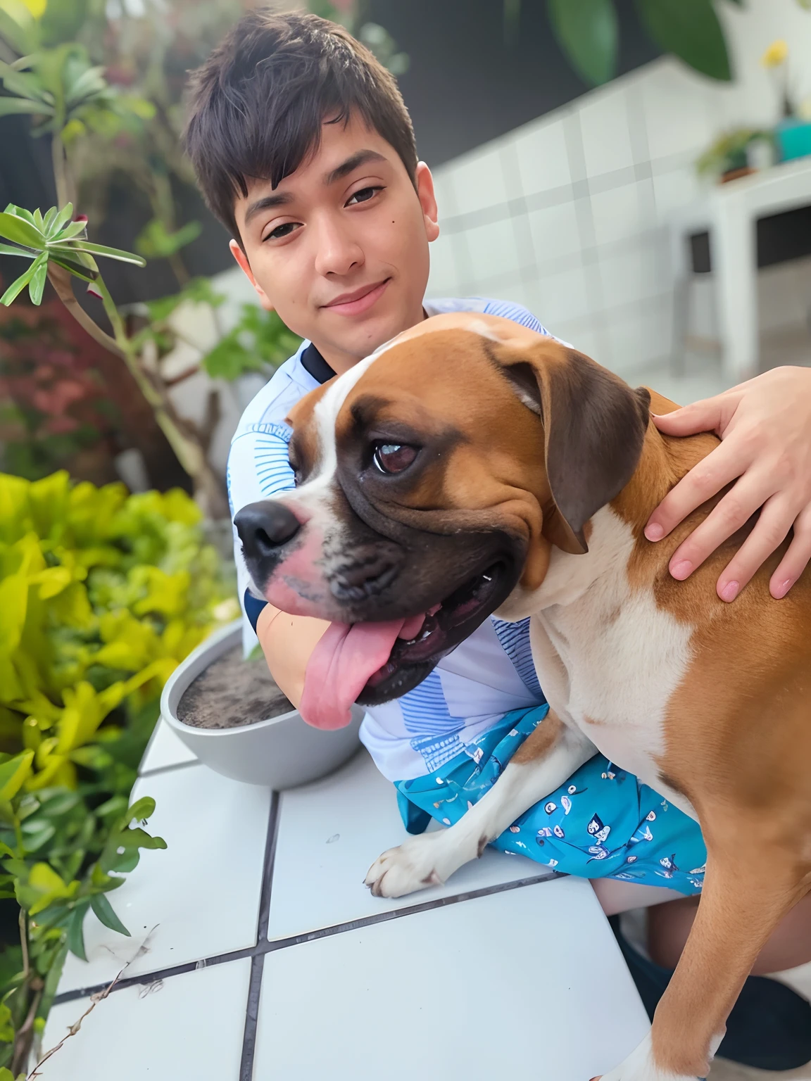 menino sentado em um banco com um cachorro e um vaso de planta, segurando um filhote de cachorro pugilista, with his hyperactive little dog, pugilista, Directed by: Samuel Silva, Directed by: Emma Andijewska, Directed by: Luis Miranda, uma obra-prima impressionante, Directed by: Samuel Scott, 1614572159, Directed by: Nandor Soldier, Directed by: David Ruby