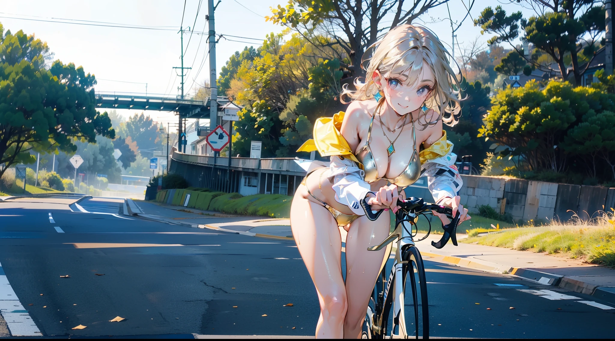 1 beauty, (Light Purple Eyeshadow),Platinum Blonde Perm Hair、(broad shoulders:1.4)、(Smaller face)、(pointed breast:1.6)、Model body type:1.2、(She jumps on one leg:1.4)、Sharp eyes、Watery Big Eyes、(A mischievous smile:1.2)、Biker Jacket、 ((Light Gold Bikini Swimsuit:1.4)),dishevled hair、(Heavy sweat on the face:1.2)、(facefocus:1.4)、(Platinum necklace and large earrings)、Bridge over the island、Bikes in perfect detail、A road bike in perfect shape、((Riding a road bike in a forward leaning position:1.4))、Increase the amount of information:1.2、((Perfect drawing))、(pinup:1.2)、Realistic head and body、fullllbody
