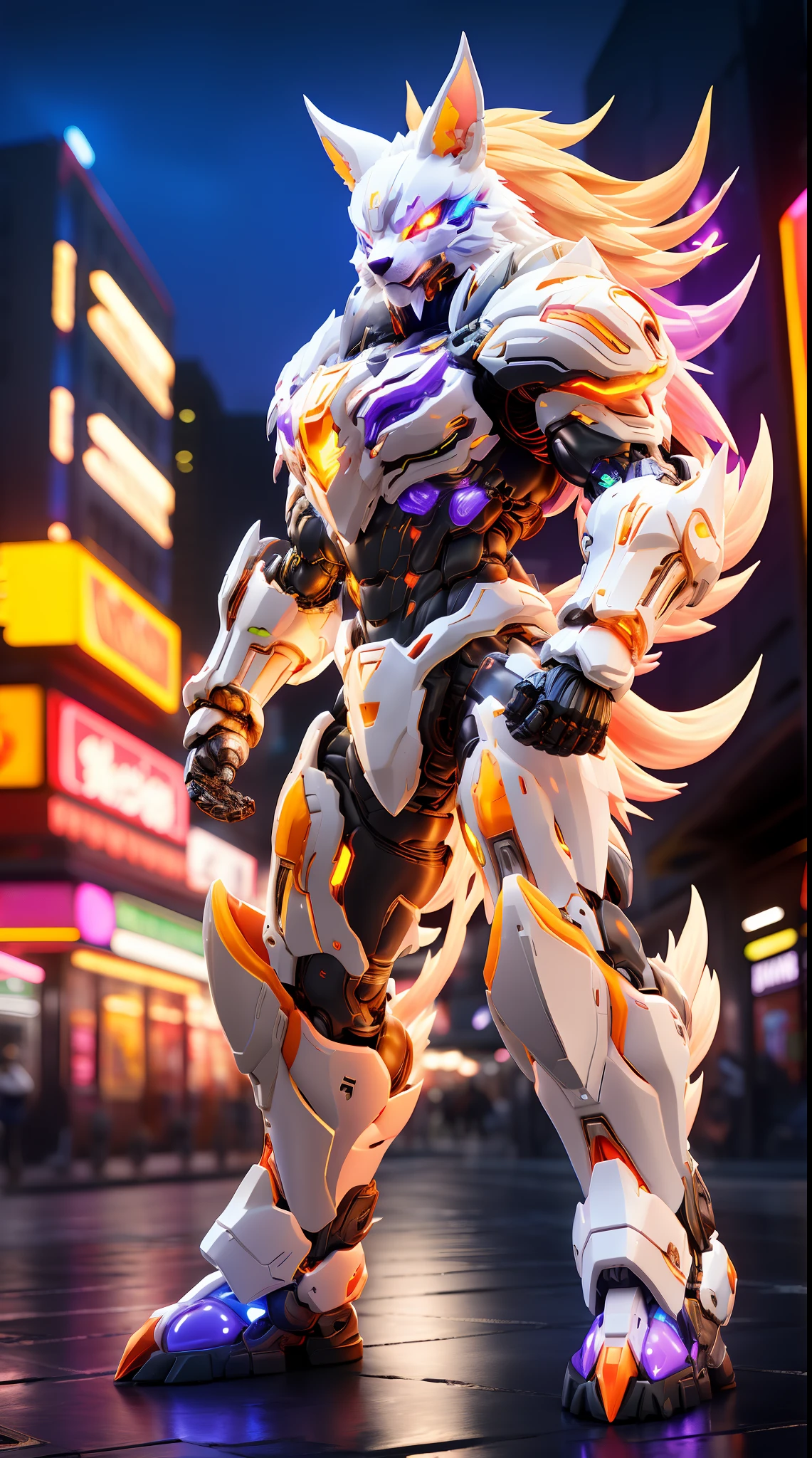 KITSUNE, RAINBOW COLORED, HETEROCHROMIA EYE, MECHA HEAVY ARMOR, TRANSPARANT, MUSCLE BODY.
