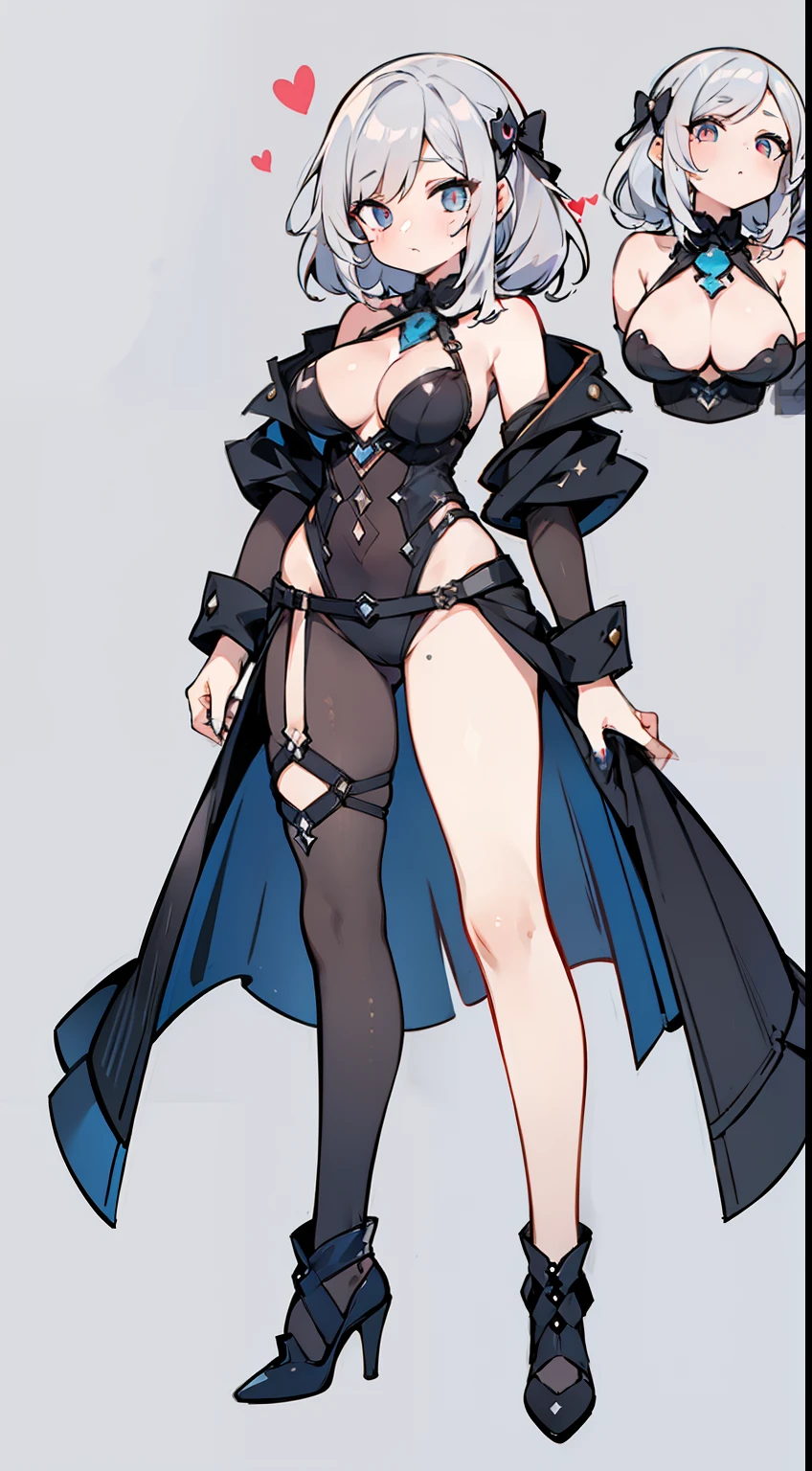1girl in, fullllbody, Character Design, (((Light gray hair)), Super unique hairstyles, ((Eyes are blue)), (Sauce order), ((White hairpin)), (Mole under the left eye), Long bangs, Eyes are hearts, Brainwashed, large full breasts, High quality, 痴女, Magic Makeover, Sexy Phantom Thief Suit in Black, Black High Heels, Wide Shot, Detailed background of the prison
