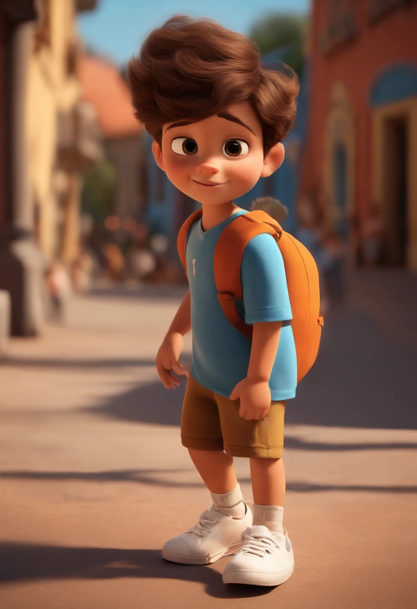 Imagem de um menino de 4 anos, Formato Pixar, pele castanha clara, cabelo cortado, blusa branca, Black shorts, white sneakers