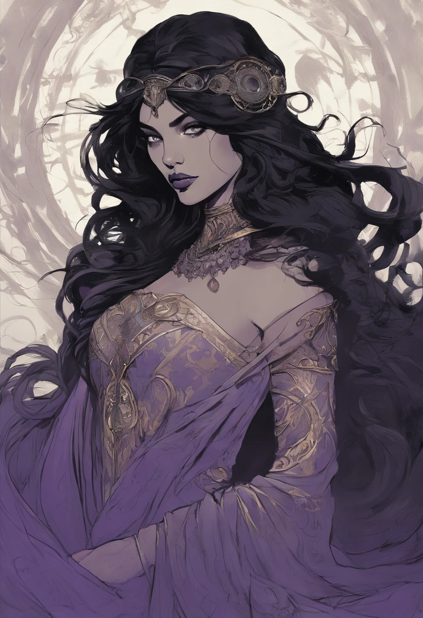 (full body shot: 1:1) high quality, highly detailed, Style: Illustration inspired by the artwork of Joe Benitez and Frank Frazetta, blending retro-Victorian steam punk aesthetic with Frazetta's dynamic and epic fantasy style. Beautiful Persian women. Her skin is as dark as the deepest shadows. It exudes a faint iridescence, giving the impression that she is cloaked in an ever-shifting veil of darkness. Her hair is a cascade of inky black, seemingly woven from the night itself, and it tumbles in dark, seductive waves that appear to absorb the surrounding light. Her eyes are a piercing, intense shade of amethyst.