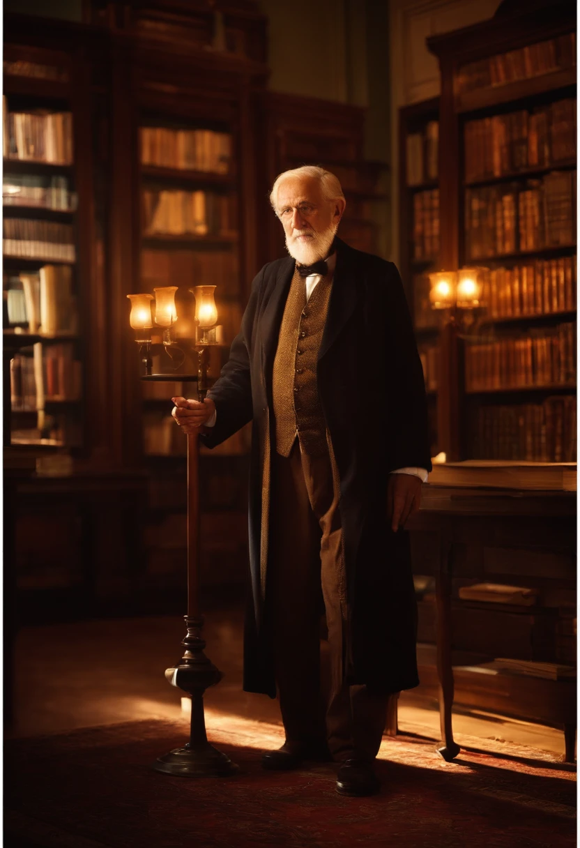 A wise old man standing in front, illuminated by the light of a lamp, against the backdrop of a library