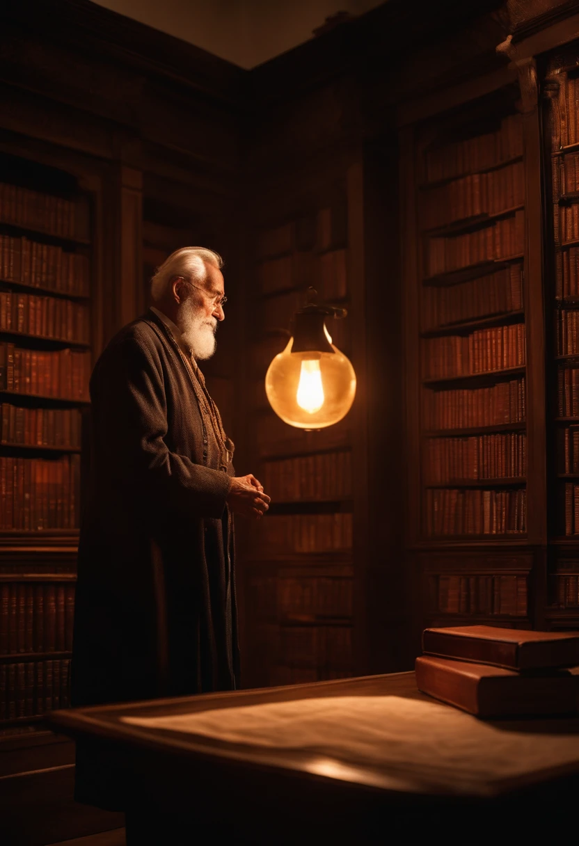 A wise old man standing in front, illuminated by the light of a lamp, against the backdrop of a library