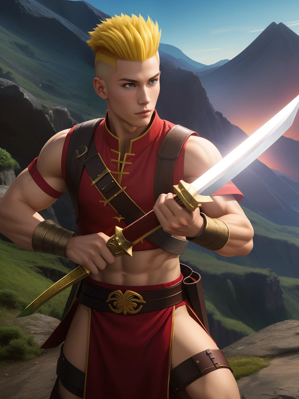 A young red half-dragon warrior with blond hair with shaved sides and a high top, olhos verdes e sem barba, Using a two-handed sword, In the middle of a mountainous environment with traces of magma