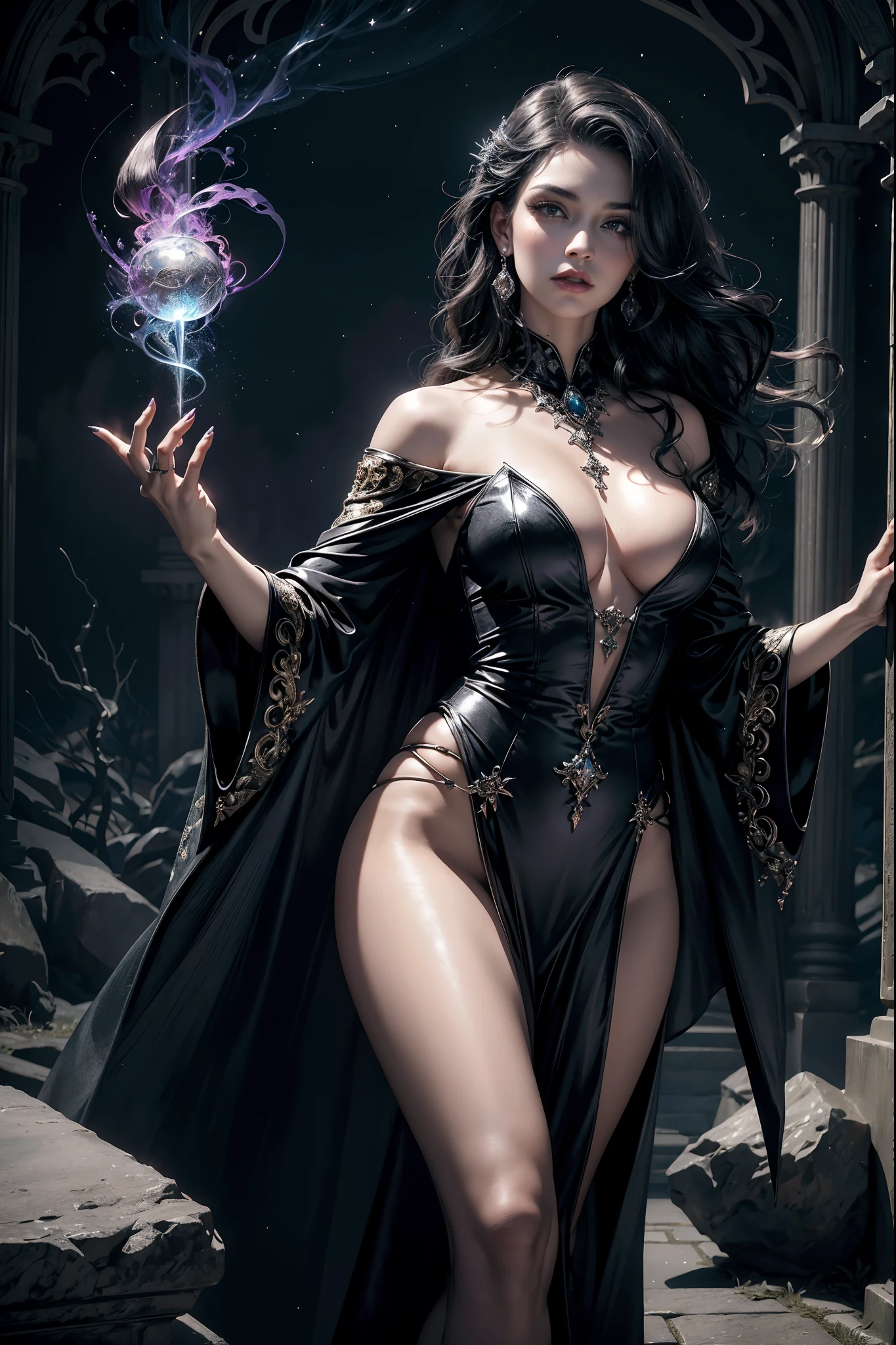 (best quality,4k,8k,highres,masterpiece:1.2),ultra-detailed,(realistic,photorealistic,photo-realistic:1.37),a sexy sorceress using magical powers,curly hair,fierce eyes,piercing gaze,waving a magic wand with glowing particles,flowing robes made of silk and velvet,enchanted forest in the background,mysterious mist floating around against moonlight,Gothic architecture with intricate details,sparkling gems embedded in the wand,spellbinding aura around her,body glowing with ethereal light,vivid color palette with deep purples and blues,mysterious fog engulfing the surroundings,casting a powerful spell to summon mystical creatures,charcoal black smoky eyeshadow,dramatic winged eyeliner,luscious red lips,manicured nails with intricate symbols and runes,positioned on a stone pedestal with magical sigils,expressive and alluring body language,summoning bolts of lightning with a snap of her fingers,creating sparks and stars in the air,unleashing waves of energy with sheer intensity and confidence,conjuring creatures from the shadows,dark aura radiating from her presence,translucent wings spreading majestically behind her,illuminating the night with her magic,mesmerizing and enchanting the viewers, cleavage, sexy, gorgeous, long curly black hair