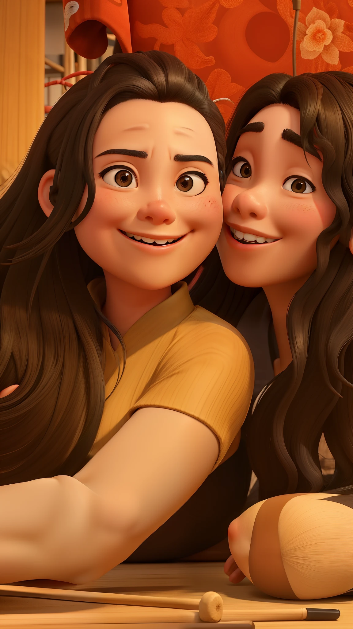 Uma mulher japonesa com cabelo preto pra baixo do outro, sorriso grande,
