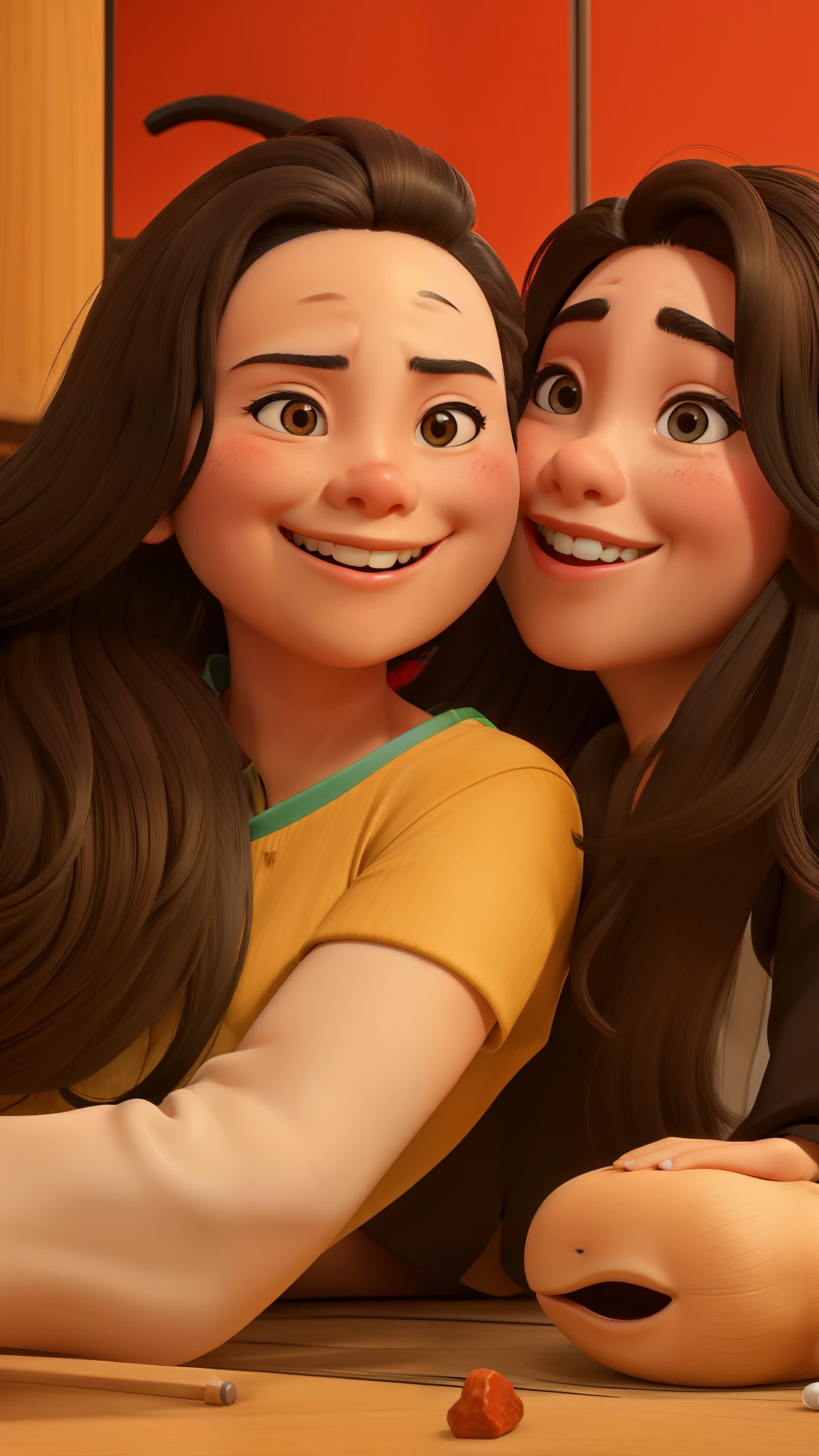 Uma mulher japonesa com cabelo preto pra baixo do outro, sorriso grande,