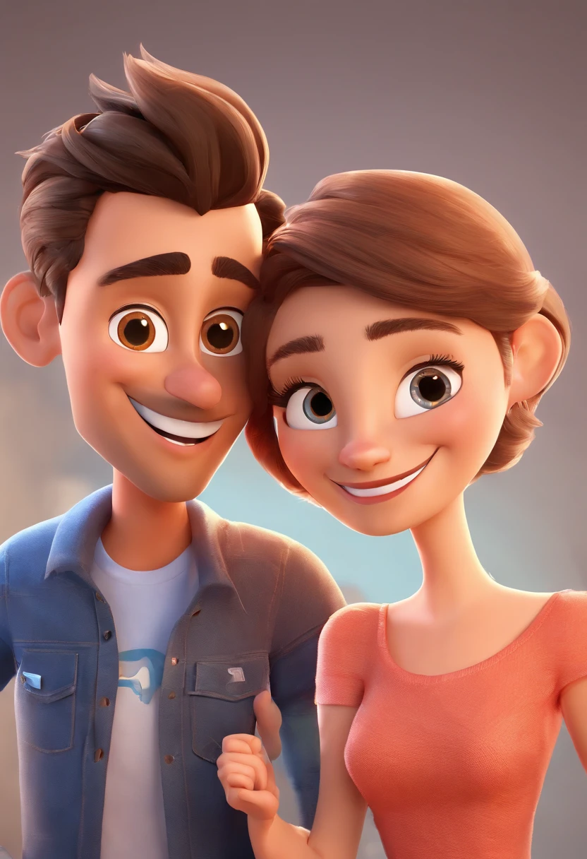An illustration of an adorable couple, Spotlight on a smiling skinny brunette man and a blonde woman with beautiful expressive brown eyes - the man's skin is light and the man's hair is pulled back, while the woman's skin is fair and the woman's hair is blonde, liso e longo. They are a bright room, cada um com um sorriso no rosto, e compartilhar um momento especial caracterizado pelo amor, Insights. Illustrate this scene from a perspective where they are facing the camera, Smiling and Showing Your Connection. Desenvolva esta arte em Full HD, Focus on your cinematic touch, Estilo Disney Pixar Animations