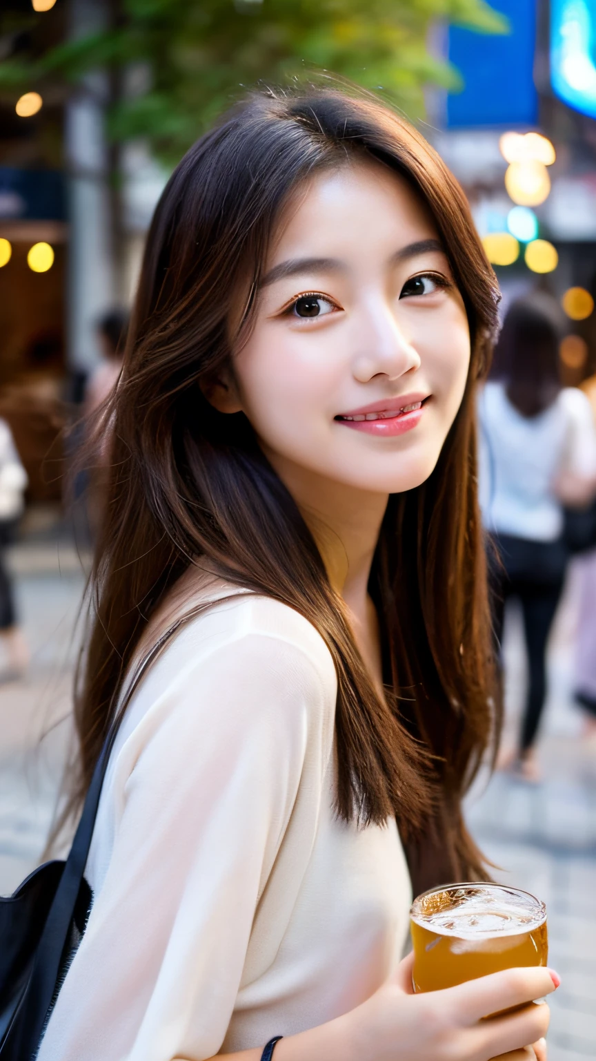 Girl drinking beer、a street、Walking、Gaze to the side、A delightful、Beautie、Tremendously beautiful、dual、A slender、a smile、The long-haired