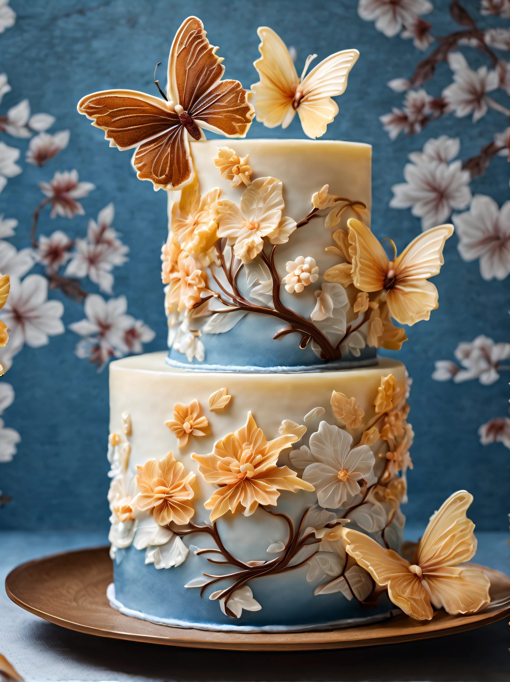(One is cut off 1/4 crystal cakes on a crystal blue bone china plate), cream cake,Translucent cream cake,It has a soft brown and light yellow hue, Reminiscent of a Chinese landscape painting.Dark background, Delicately served on a nice plate, The cake rolls are decorated with beautiful butterflies,SakuraNS、Hibiscus flower、maple trees,morango,Autumn leaves and squirrels,(Ice cream in liquid:1.2),rococo, k hd, The surreal visuals are almost 8K quality. The fluffy and light cake texture is complemented by a unique and intricate pattern, designs, The soft watercolor effect evokes natural beauty.