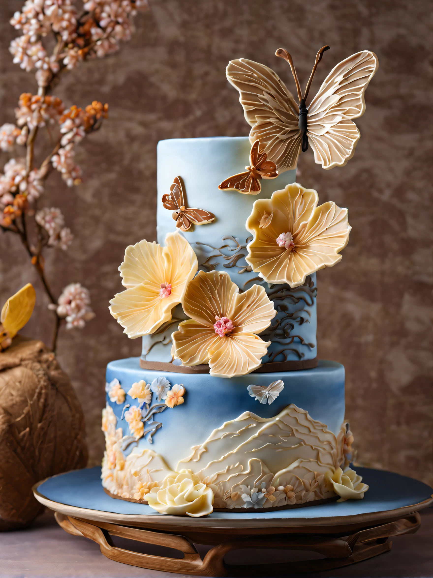 (One is cut off 1/4 crystal cakes on a crystal blue bone china plate), cream cake,Translucent cream cake,It has a soft brown and light yellow hue, Reminiscent of a Chinese landscape painting.Dark background, Delicately served on a nice plate, The cake rolls are decorated with beautiful butterflies,SakuraNS、Hibiscus flower、maple trees,morango,Autumn leaves and squirrels,(Ice cream in liquid:1.2),rococo, k hd, The surreal visuals are almost 8K quality. The fluffy and light cake texture is complemented by a unique and intricate pattern, designs, The soft watercolor effect evokes natural beauty.