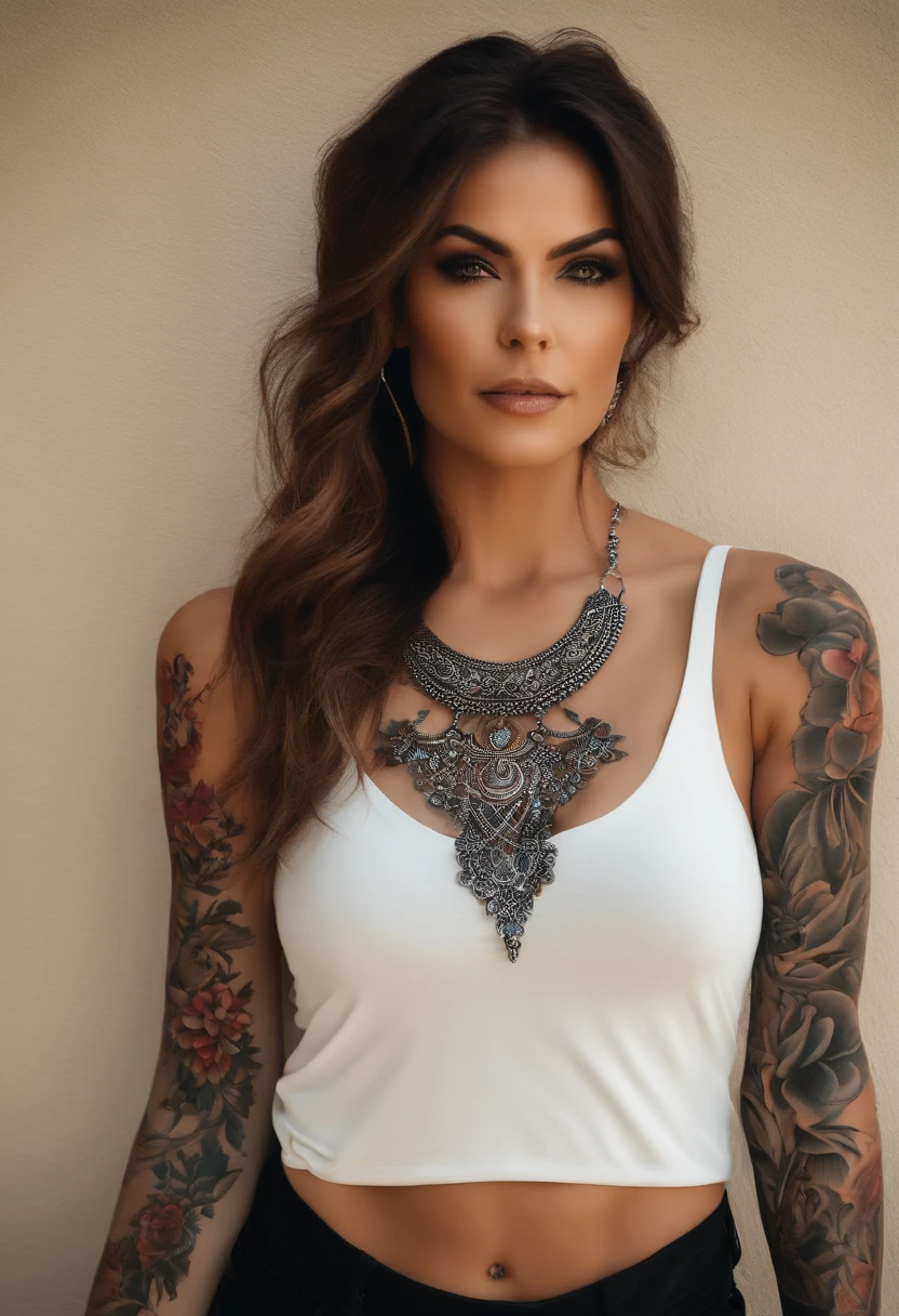 Mulher cabelos vermelhos, olhos verdes, Dressed black pants and white tank top tattoo on arms.