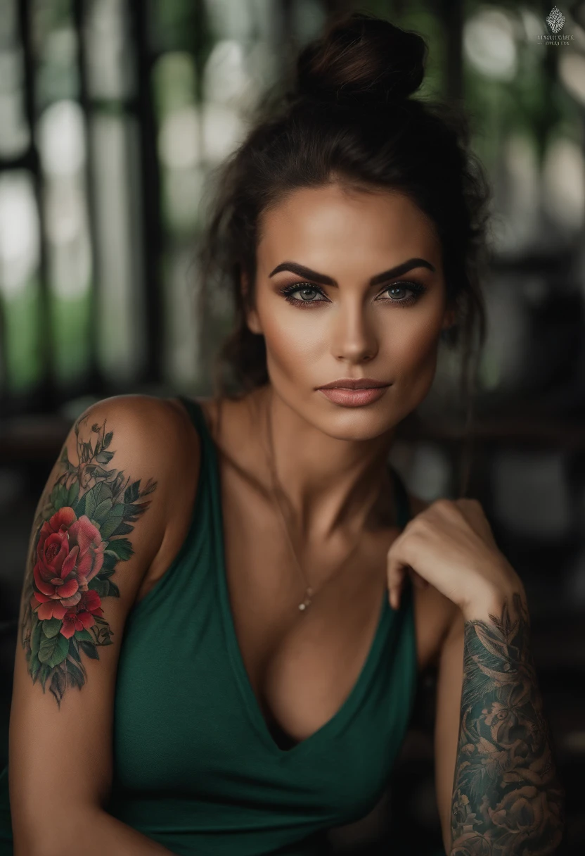 Mulher cabelos vermelhos, olhos verdes, Dressed black pants and white tank top tattoo on arms.