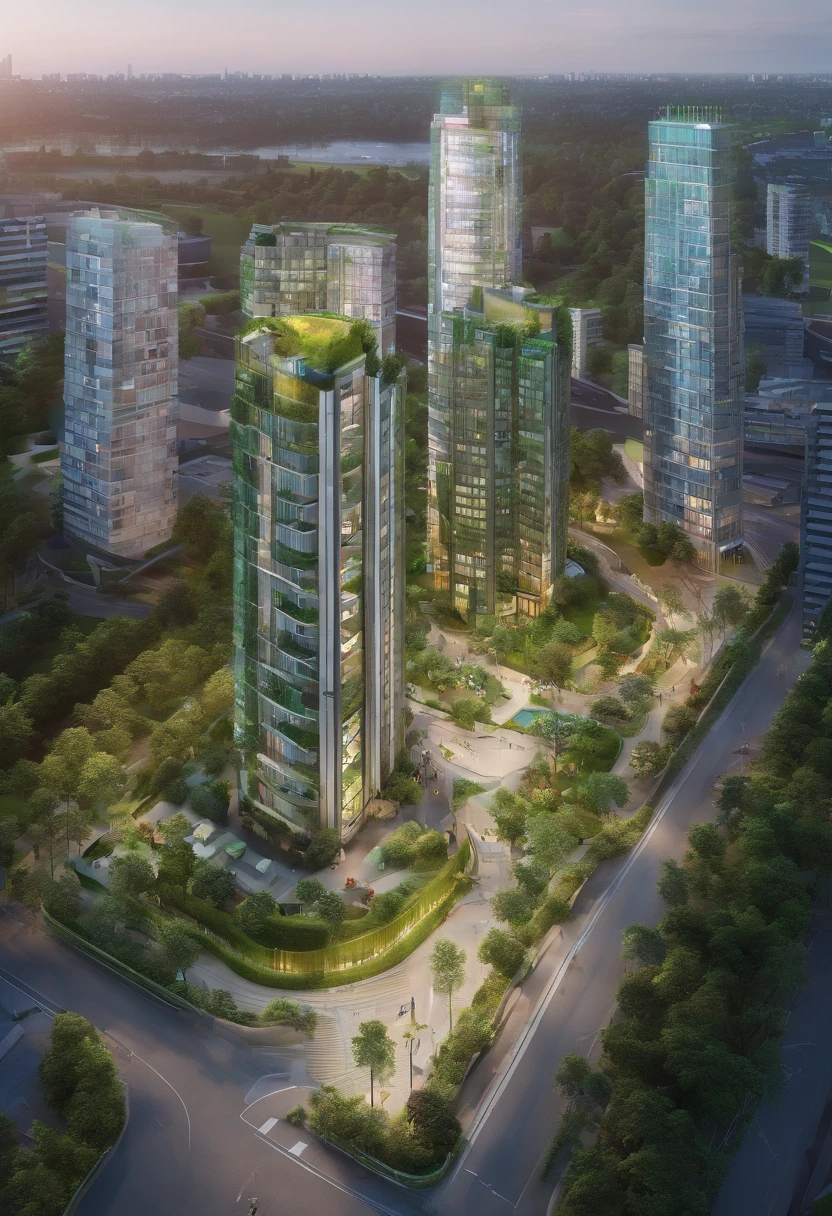 Green space view next to the house,Surrounding high-rise residences,There is a resting area for residents at the bend of the road,The changing roads give residents a visually different experience