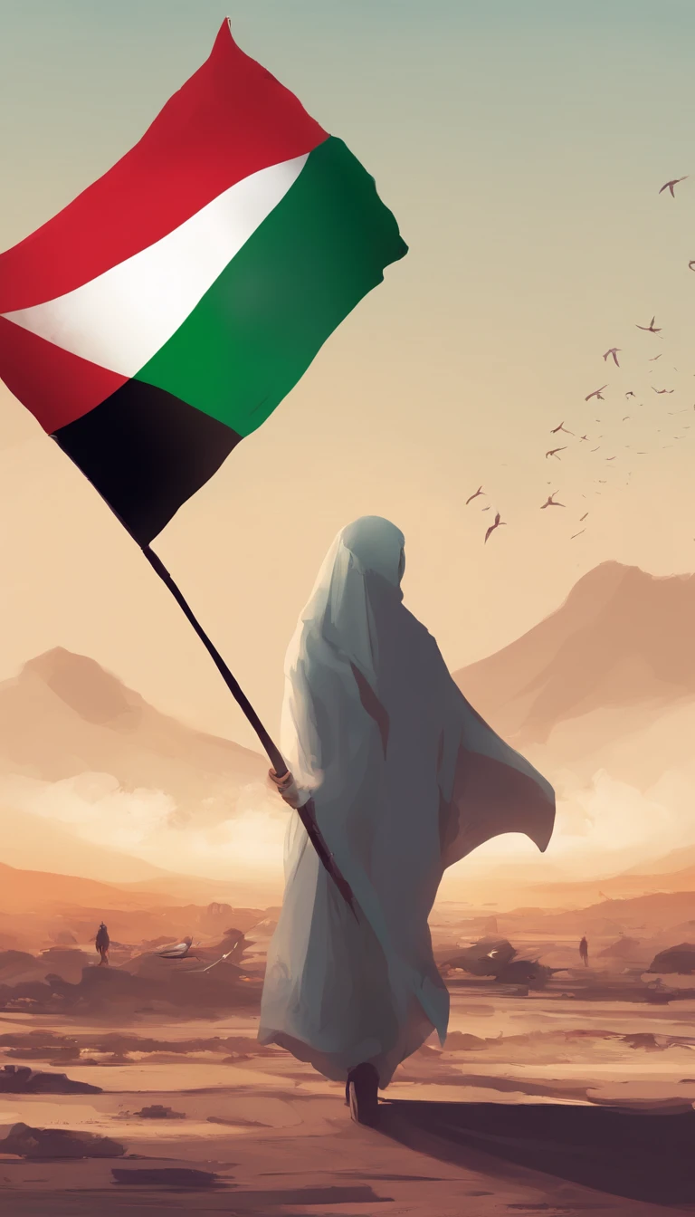 Drapeau de la Palestine correctement, coucher de soleil spectaculaire et nuageux, étoiles, Tremblement de terre en Palestine, une petite fille portant le le hijab par derrière tient un drapeau palestinien agitant en regardant les décombres et la destruction, Sombre, espoir, Drapeau de la Palestine, le hijab, musulman des avions bonbardier au dessus d elle