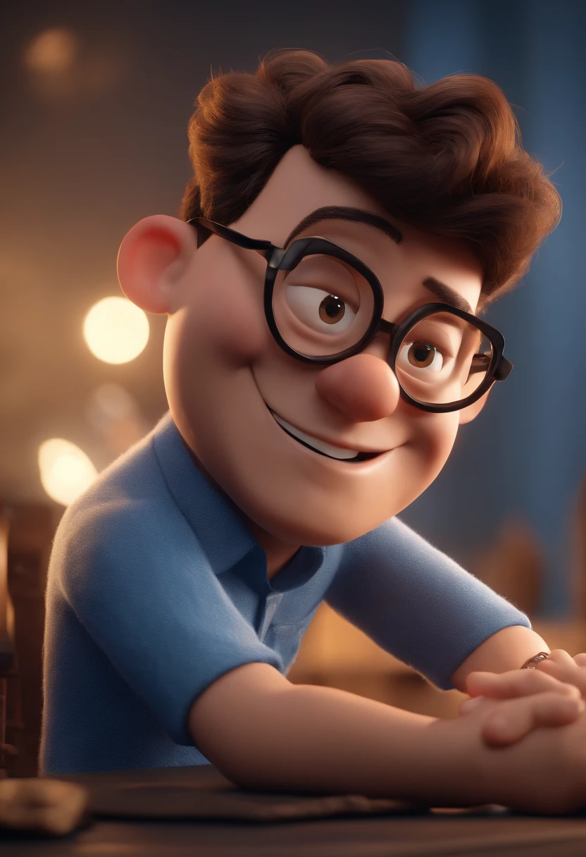 Cartoon character of a man with black glasses and a blue shirt, animation character, Caractere estilizado, animation style rendering, 3D estilizado, Arnold Maya render, 3 d render stylized, toon render keyshot, Personagem 3D, Personagem 3D, 3d rendering stylized, 3 d character render, personagem de desenho animado, Personagem de close up, Pose de personagem, (Estilo Pixar) (master part:1.2) (Bokeh) (best quality) (pele detalhada) (textura detalhada) (8k) (argila) (Cinematic lighting) (foco nítido