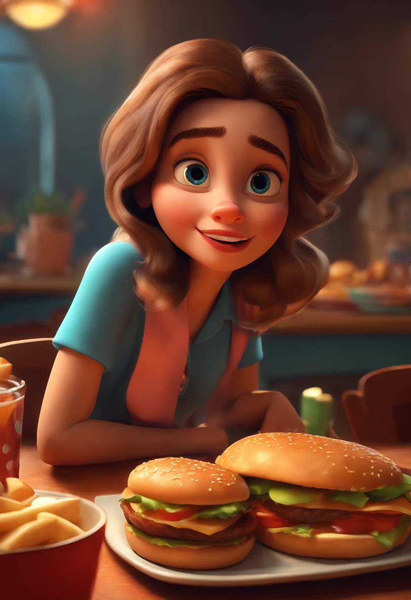 Make a Girl, She's hungry, como Disney Cartoon, She's eating hamburger, Pixar, ..3d, Disney