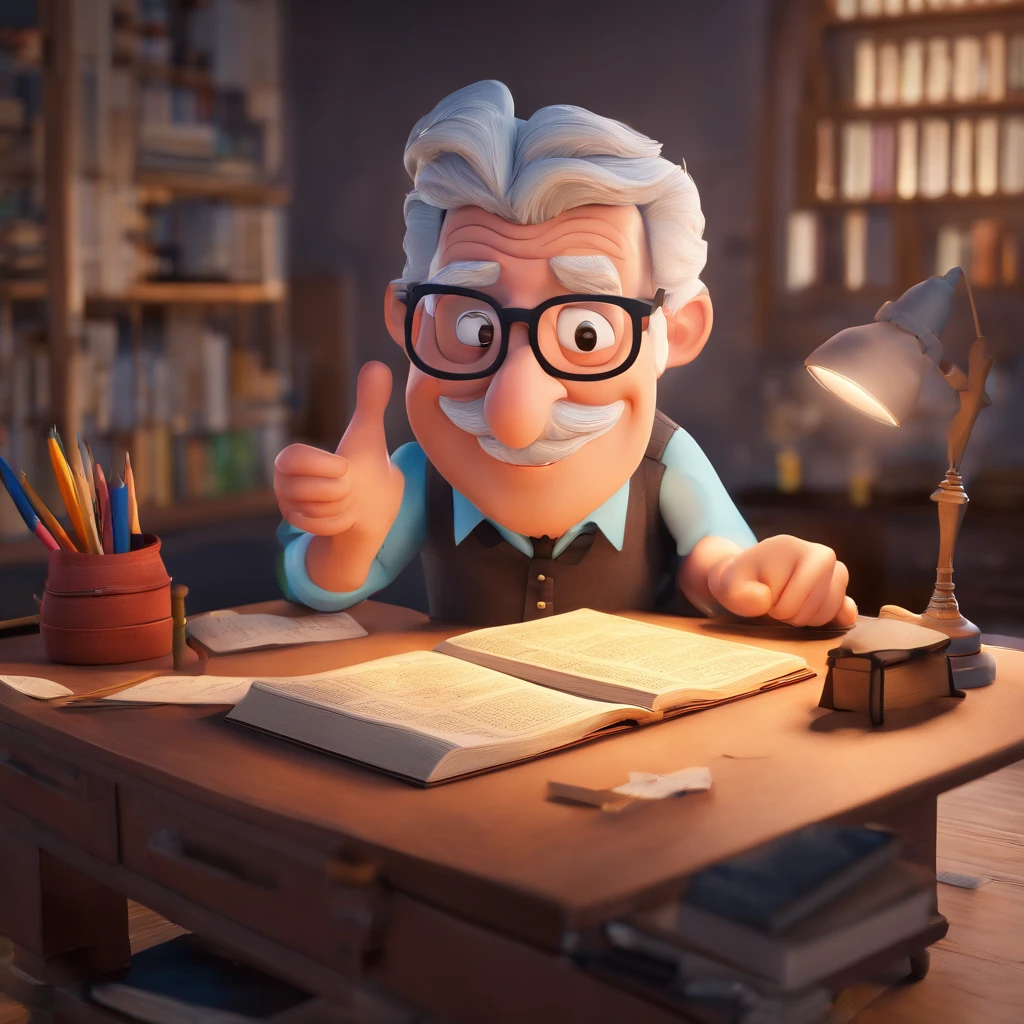 Crie um cartaz inspirado na Disney Pixar com o personagem sendo o pastor Rubens Janier, A gray-haired man wearing glasses, in an office with a Bible on the table