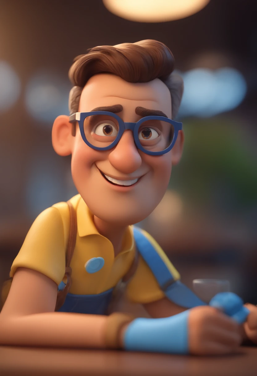 Cartoon character of a man with blue glasses and a yellow shirt, cabelos grisalhos, animation character, Caractere estilizado, animation style rendering, 3D estilizado, Arnold Maya render, 3 d render stylized, toon render keyshot, Personagem 3D, Personagem 3D, 3d rendering stylized, 3 d character render, personagem de desenho animado, Personagem de close up, Pose de personagem, (Estilo Pixar) (master part:1.2) (Bokeh) (best quality) (pele detalhada) (textura detalhada) (8k) (argila) (Cinematic lighting) (foco nítido