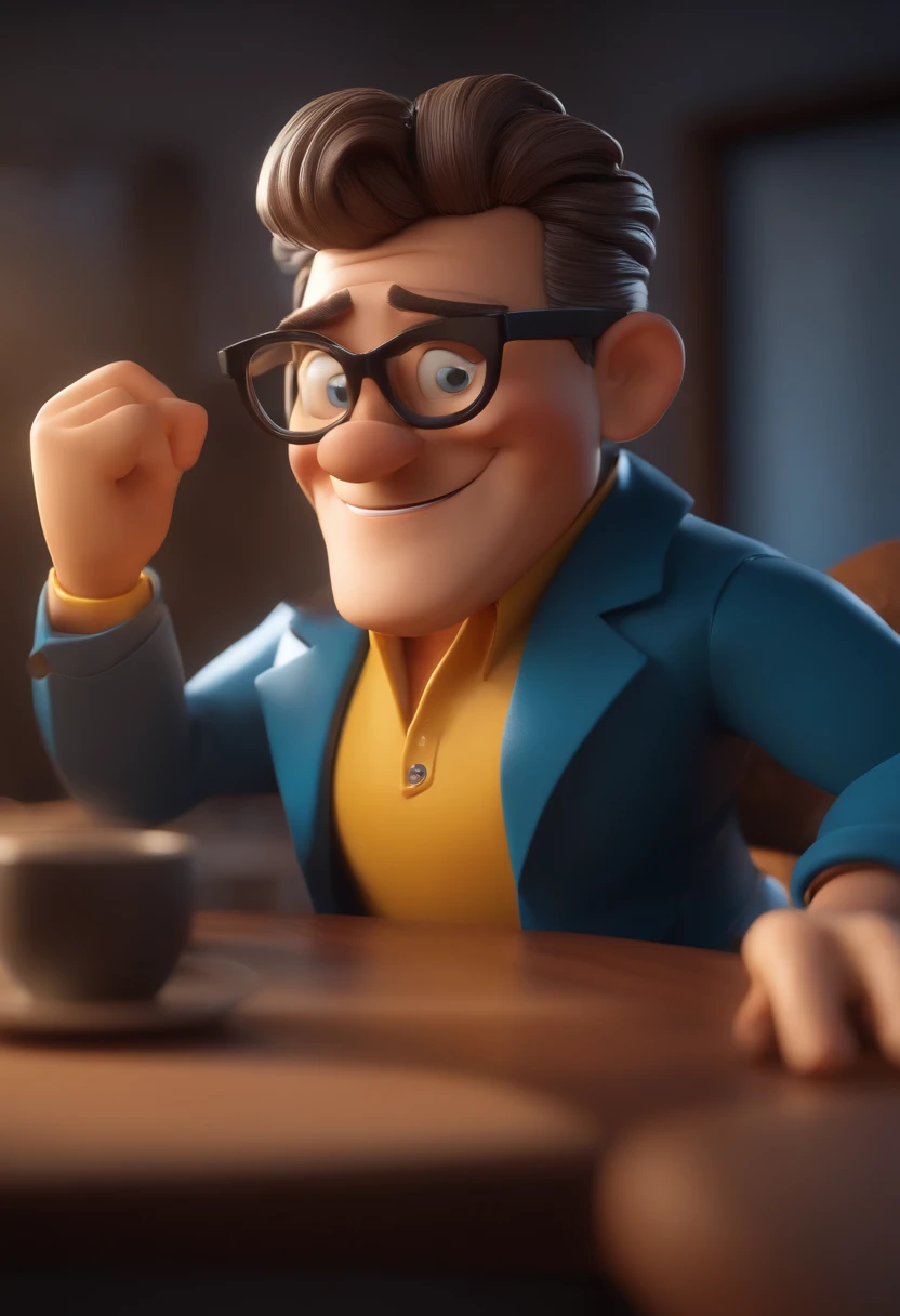 Cartoon character of a man with blue glasses and a yellow shirt, cabelos grisalhos, animation character, Caractere estilizado, animation style rendering, 3D estilizado, Arnold Maya render, 3 d render stylized, toon render keyshot, Personagem 3D, Personagem 3D, 3d rendering stylized, 3 d character render, personagem de desenho animado, Personagem de close up, Pose de personagem,  (Estilo Pixar) (master part:1.2) (Bokeh) (best quality) (pele detalhada) (textura detalhada) (8k) (argila) (Cinematic lighting) (foco nítido