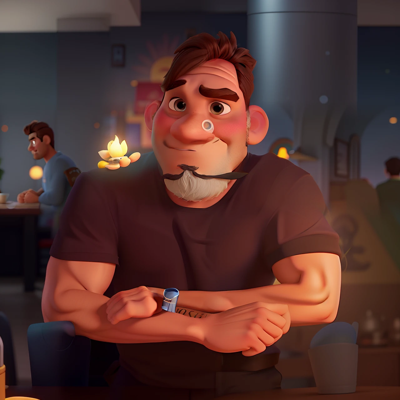 Poster no estilo Disney pixar, alta qualidade, melhor qualidade, homem sexy branco, 30 anos cabelo grisalho barba preta, musculoso, com fundo em um restaurante a luz de velas