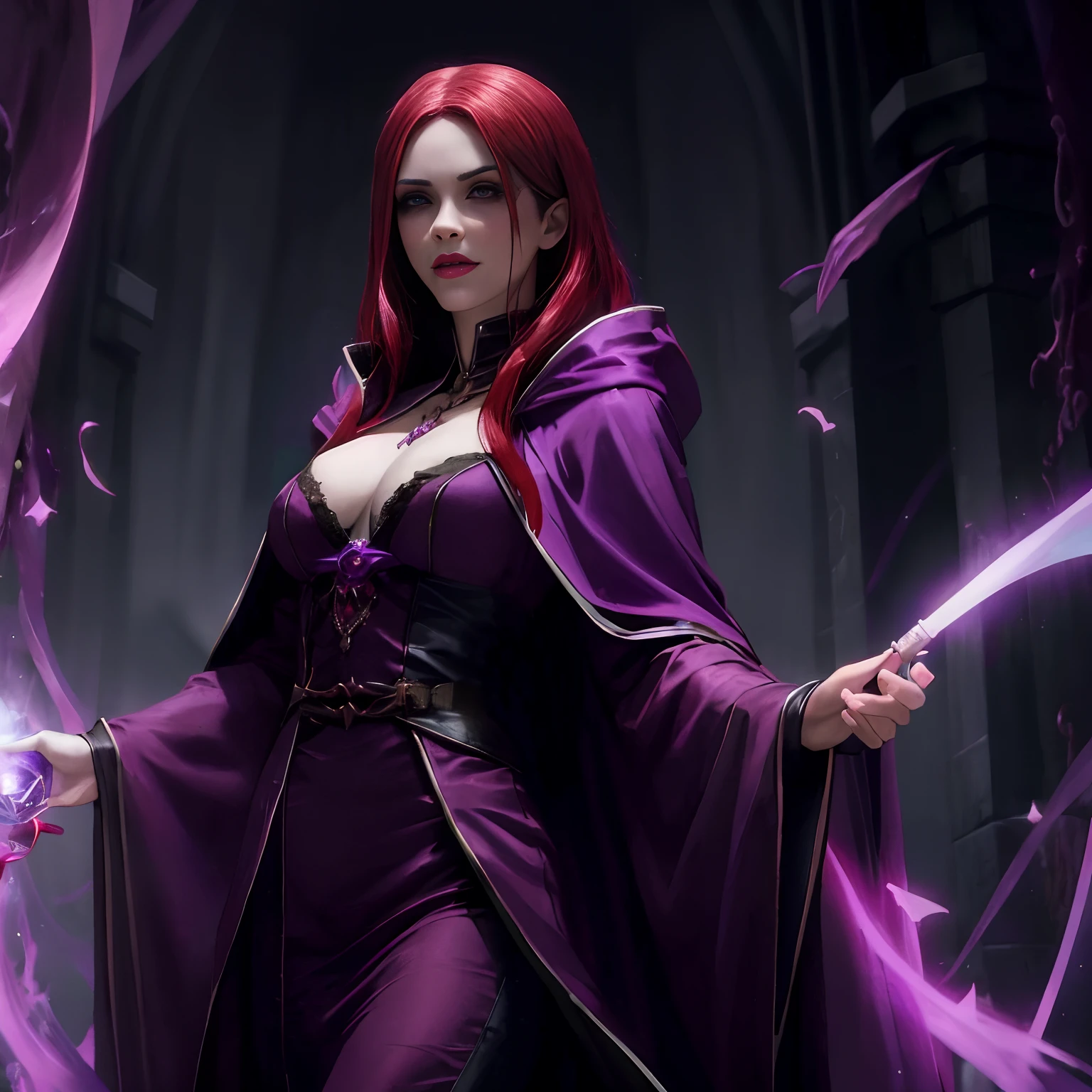 arafed woman in a purple robe holding a magic wand, liliana vess, portrait of a sorceress, dark fantasy female magician, magic the gathering sorceress, sorceress, evil sorceress, a beautiful sorceress, supervillain sorceress witch, dark sorceress, beautiful sorceress, female mage conjuring a spell, vampire, vampiric, red hair, redhead, sickly green magic