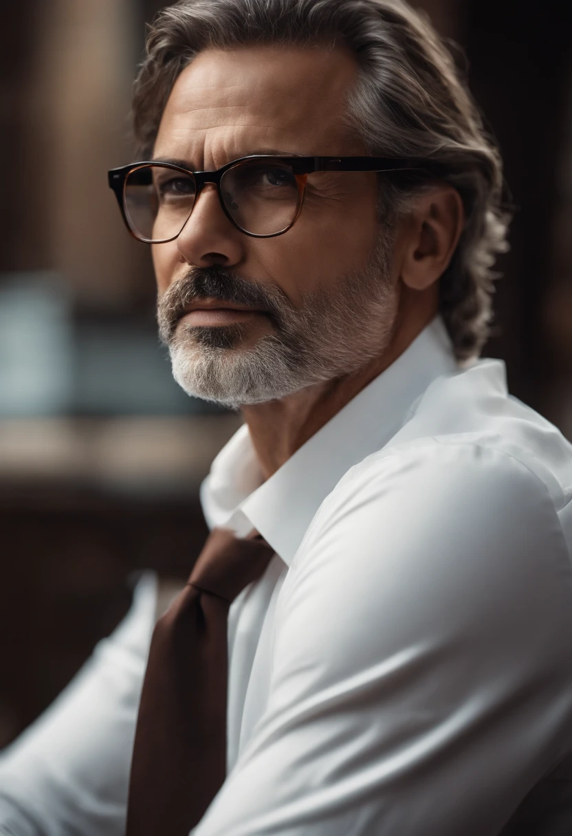 Um homem de 45 anos, com cabelos castanhos curtos,face de diamante, olhar rigoroso, e olhos castanhos, Wearing white white shirt with tie and glasses.