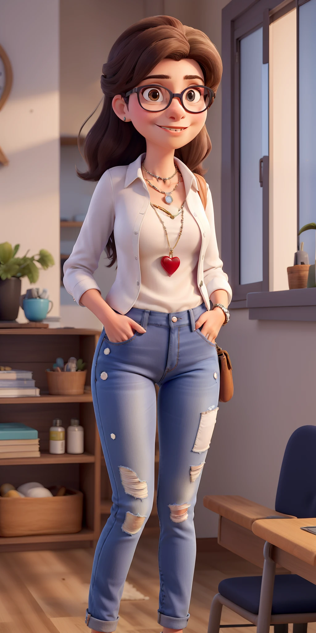 Obra-prima, Of a woman without glasses wearing a white blouse, Denim Jeans Pants, Heart necklace on the neck , jaqueta jeans em sala de aula, cabelo com mechas loiro, liso com comprimento abaixo do ombro, olhos castanhos claros, rosto arredondado, pensativa surpreenda-me 3d