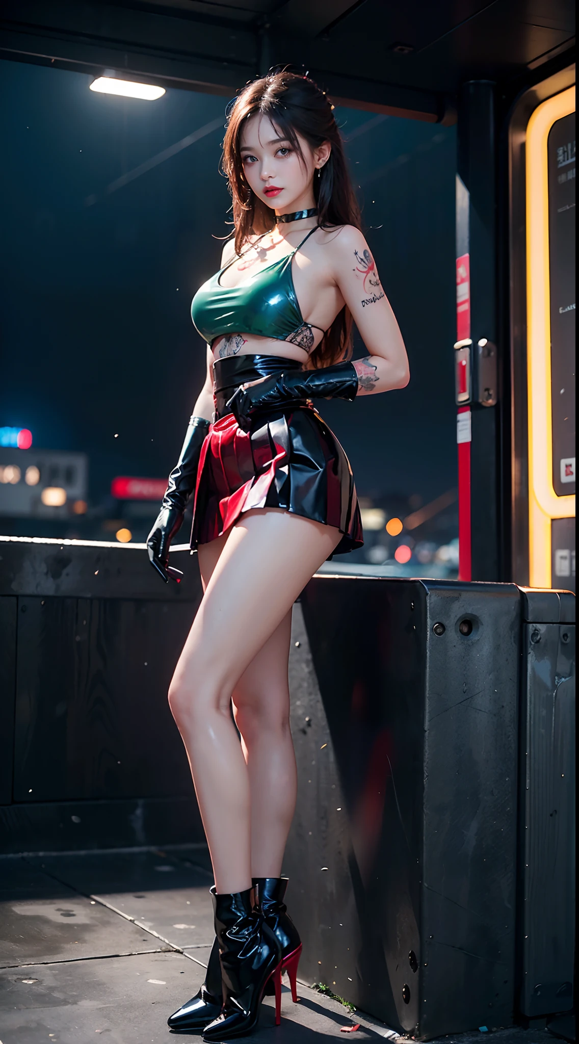 ((masterpiece:1.4)、(top-quality:1.4)、(reallistic:1.7))、masuter piece:1.4、(Top-of-the-line rendering:1.4)、(Female SWAT member of the 73rd Division of the Space Federation:1.4)、Super Beautiful Investigator、(hold a gun:1.2)、Body Fit Sexy Uniform、(Glossy luxury latex:1.4)、(Navy blue sleeveless uniform jacket)、(Underwear White Sexy Super Ultra Bikini)、(Luxury Red Latex:1.4)、(Pleated mini-skirt:1.4)、22year old、(Cute tattoos:1.4)、(Wearing white gloves)、Kawaii Girl、Super beauty、foco nítido、Portrait photos、(Perfect female body:1.4)、perfectly proportions、Full body shooting:1.4、beautiful countenance、Fearless look、beautidful eyes、Narrow waist、beauty legs、(length hair:1.2)、Beautiful udder、large full breasts:1.2、Sexy ass、Raw photo、red-lips、Red high heels:1.4、a choker:1.4、a necklace:1.4、耳Nipple Ring:1.4、1 screen display、Beautiful night view of Cyberpunk City:1.2