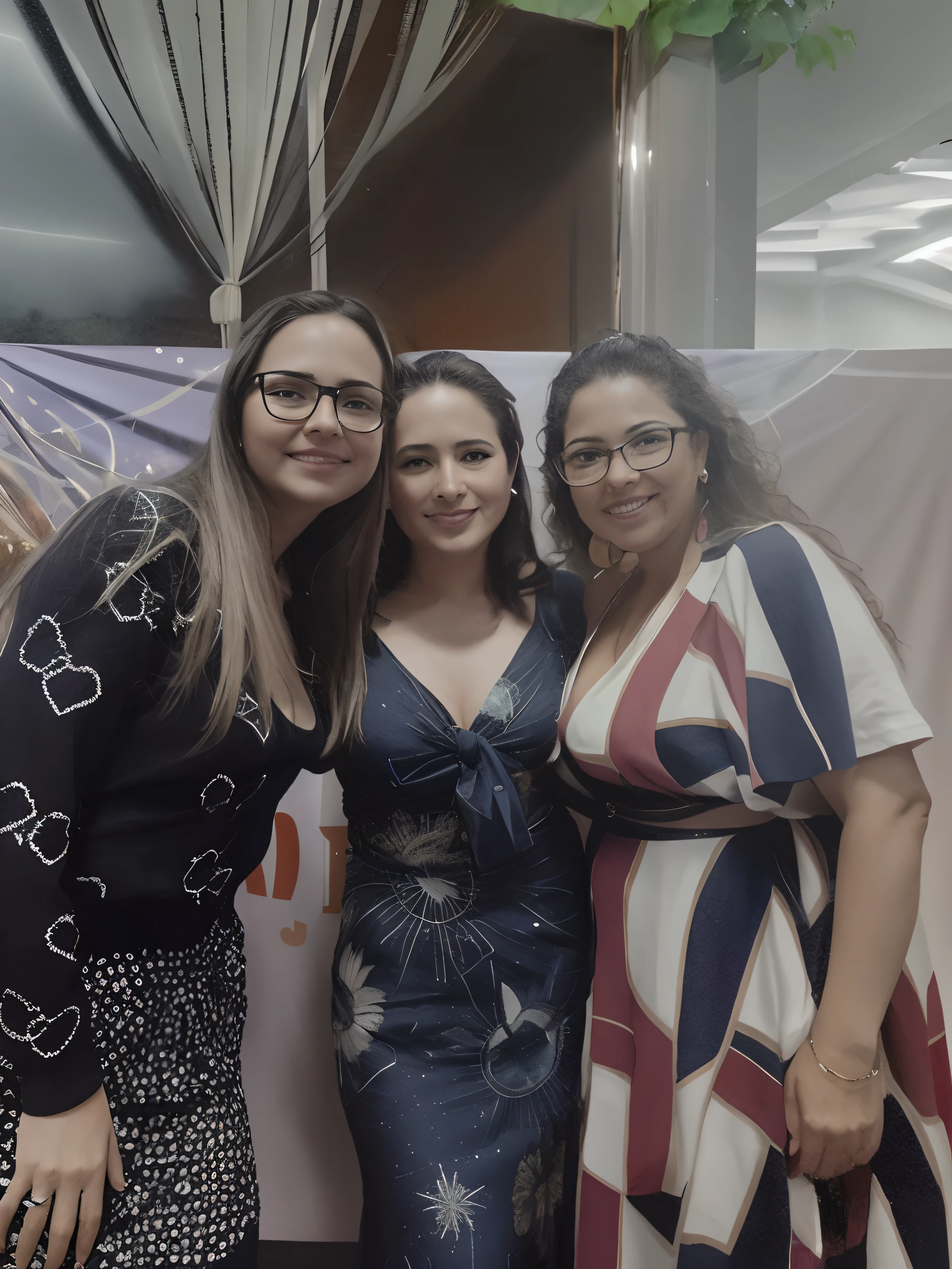 Three women standing next to each other in front of a banner, Directed by: Nandor Soldier, foto do perfil, foto de baixa qualidade, pessoas bonitas, Beautiful girls, Fotografia tirada em 2 0 2 0, foto retrato, non blurry, Malika Favre, non blurry, imagem de perfil, Directed by: Veronica Ruiz de Velasco, photo taken at night, mulheres bonitas
