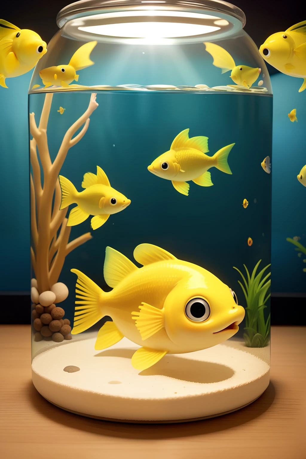 A little yellow fish inside a round aquarium, apertado, estilo Pixar