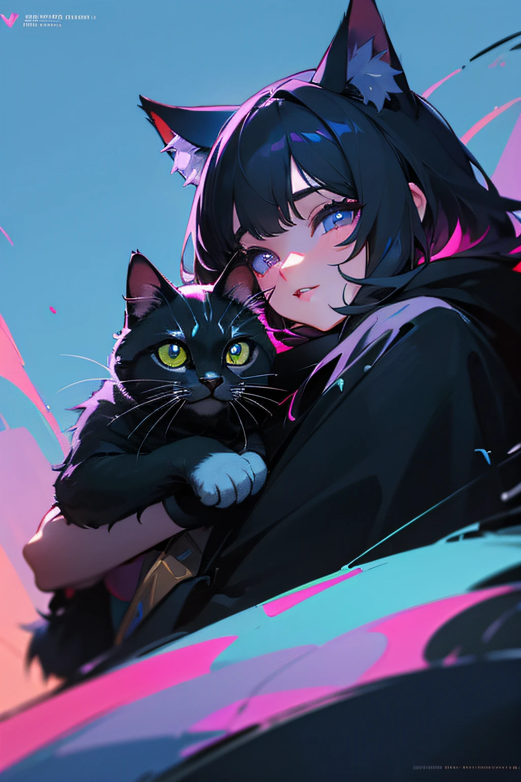 (hight resolution,Masterpiece:1.2),Vivid colors,beautiful detail eyes,beautiful detailed lips,long eyelashes,black coat,fluffy fur,cute expression,Feline Grace,Let's move on to the camera,on a blue background, Neon, night time, ciberpunk