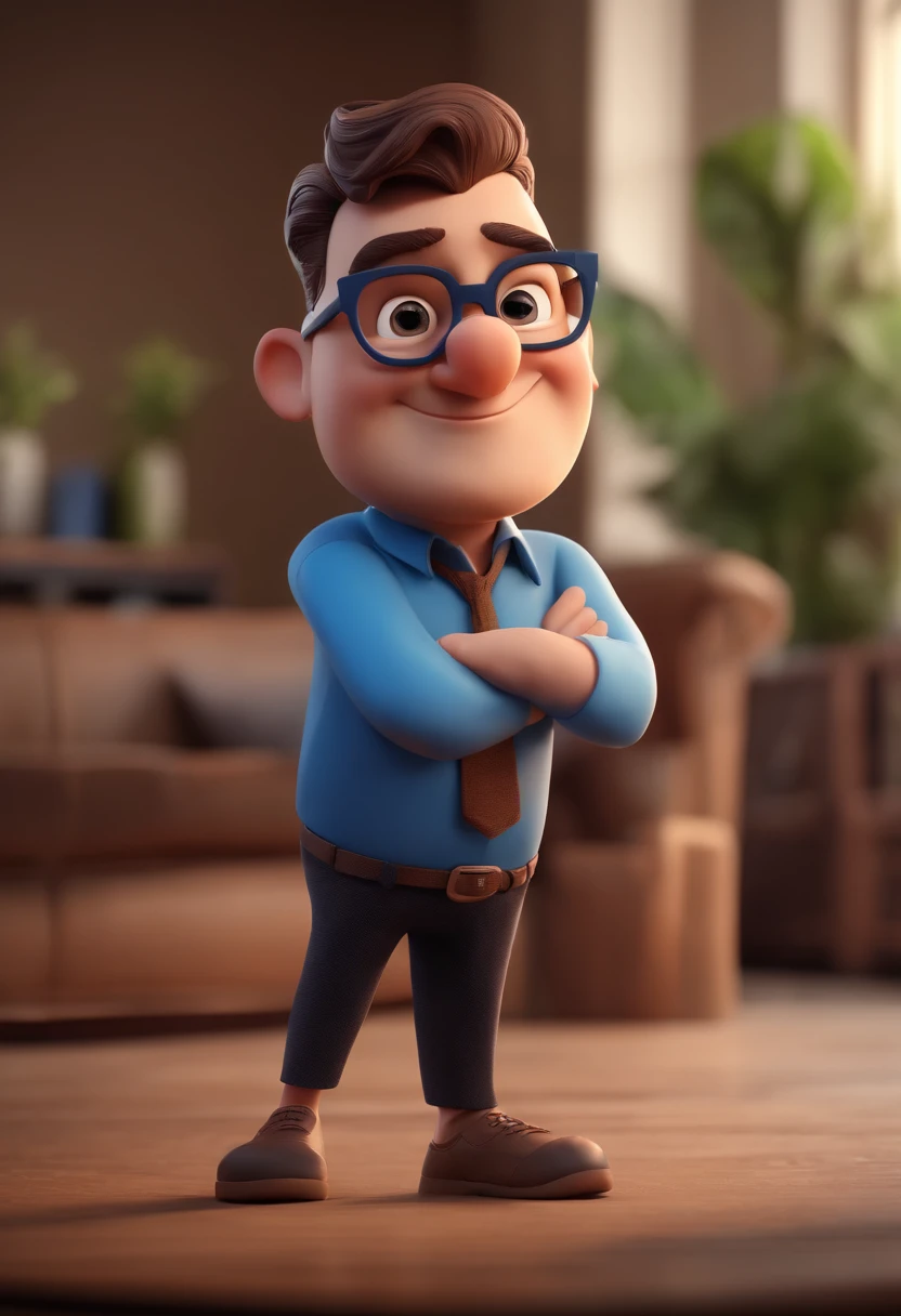 Cartoon character of a man with black glasses and a blue shirt, animation character, Caractere estilizado, animation style rendering, 3D estilizado, Arnold Maya render, 3 d render stylized, toon render keyshot, Personagem 3D, Personagem 3D, 3d rendering stylized, 3 d character render, personagem de desenho animado, Personagem de close up, Pose de personagem,  (Estilo Pixar) (master part:1.2) (Bokeh) (best quality) (pele detalhada) (textura detalhada) (8k) (argila) (Cinematic lighting) (foco nítido