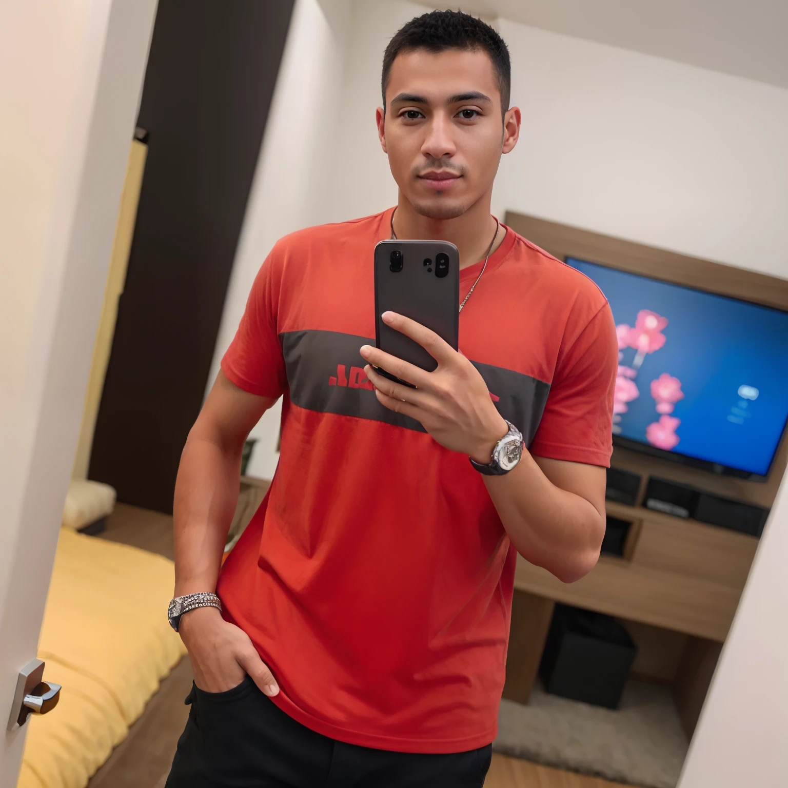 there is a man taking a selfie in a mirror, caio santos, Mohamed Reda, Mohamed Chahin, andres rios, foto de perfil, ástor alexander, imagem de perfil, Adrien Girod, Riyahd Cassiem, maximus jacobs, Estilo Mohamed Chahin, camisa vermelha, imagem do avatar, 2 3 anos, saâdane afif, instagram