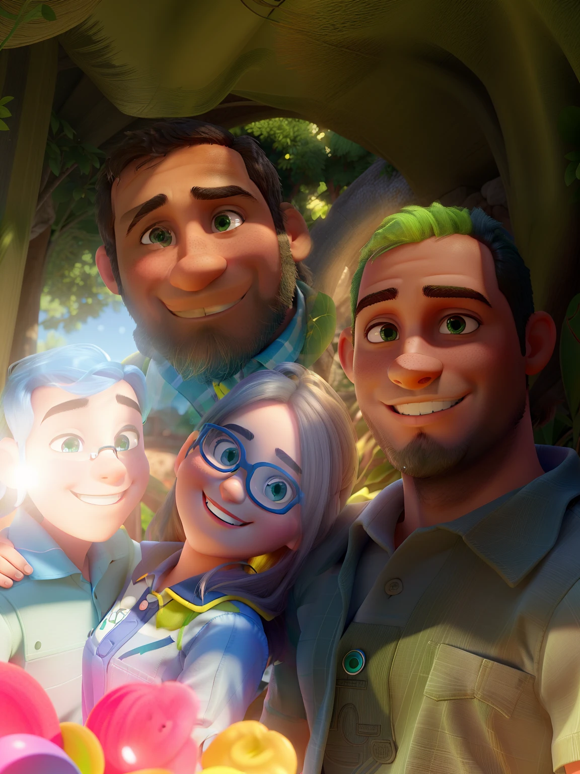Um lindo Jardim no fundo da imagem,1 de 6 anos,os azuis,camisa azul, cabelo amarelo, sorrindo,uma mulher de 27 anos de oos transparente,olhos castanhos,Sorrindo,camisa quadriculada vermelha e preta,homem 36 anos,olhos ves,camisa polo cinza escuro sorrindo,fundo verde